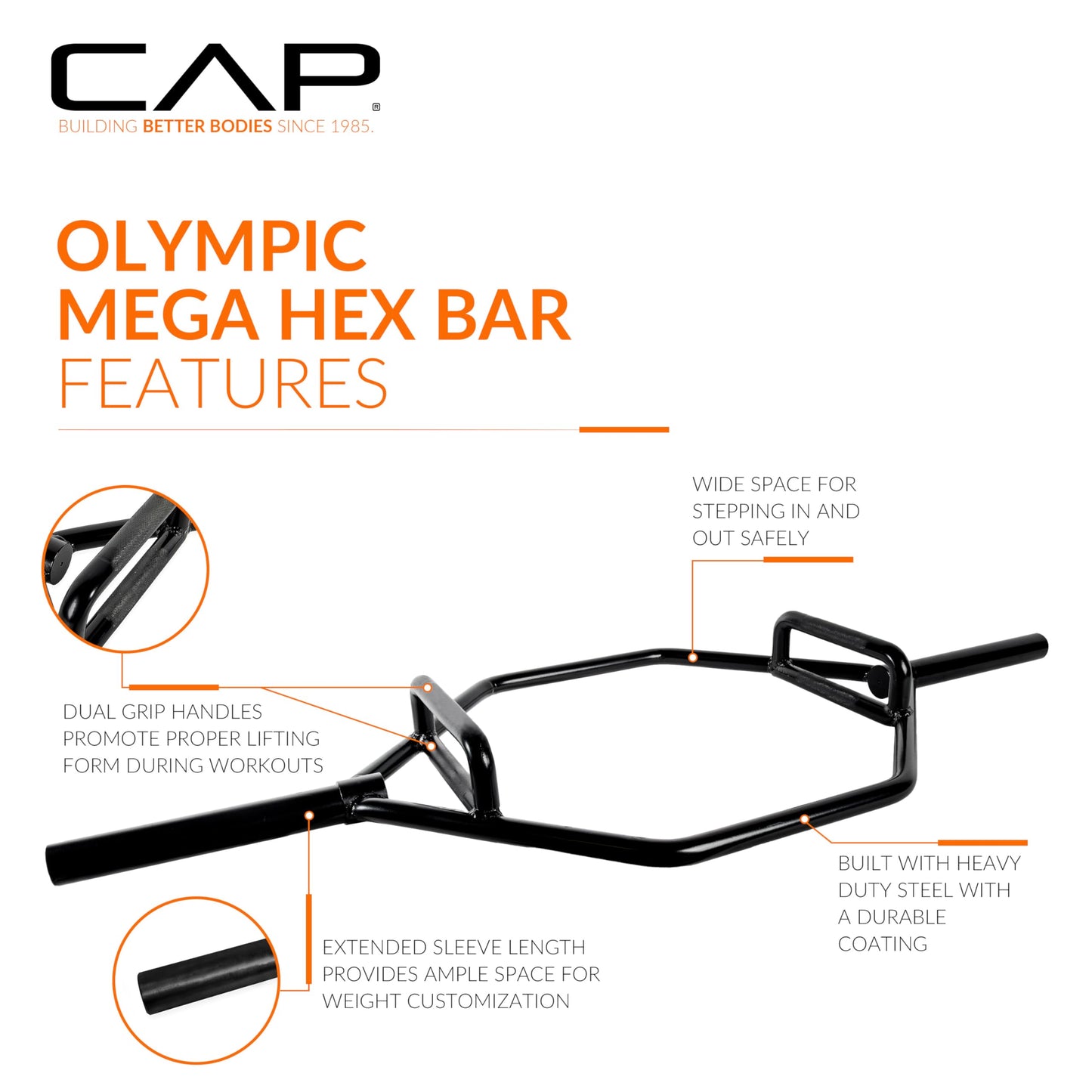 CAP Barbell Mega Olympic Trap, Deadlift, Hex Bar with Combo Neutral Grips, Black