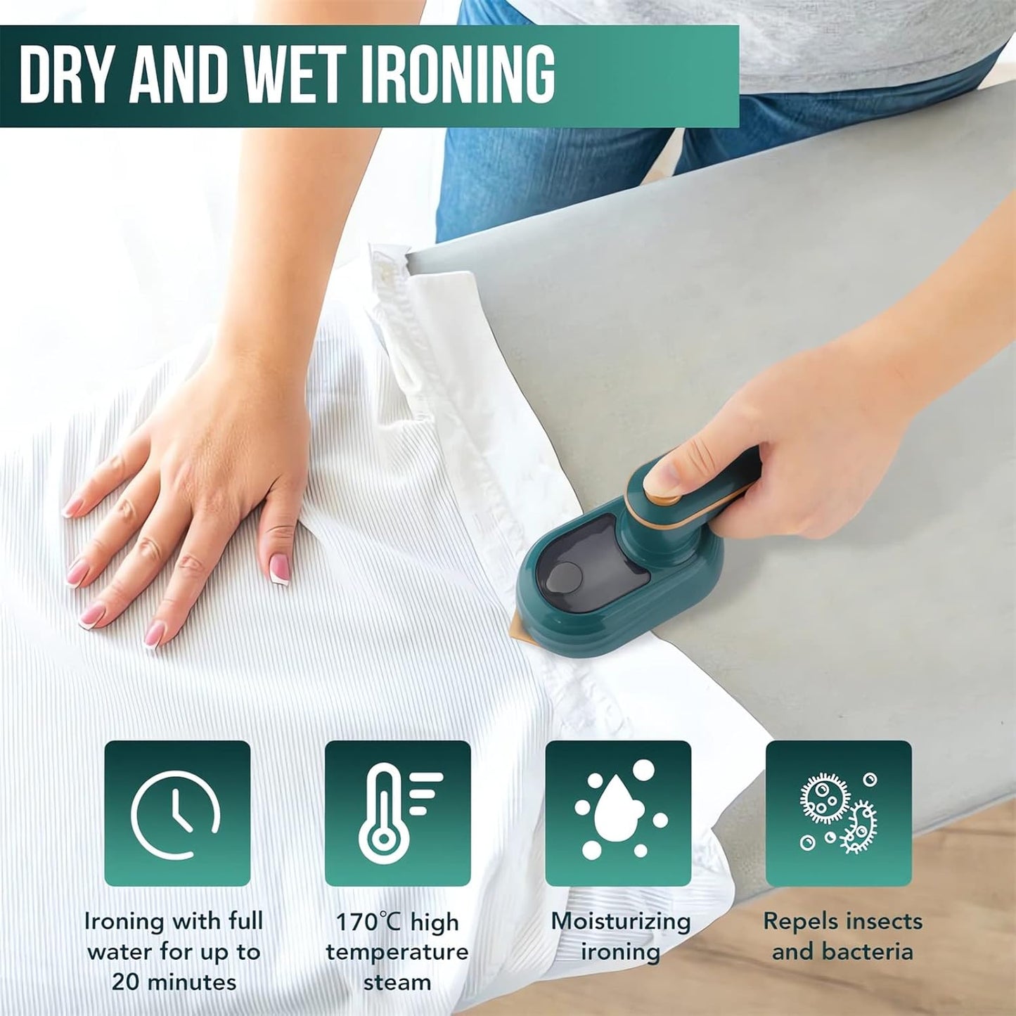 Skiennix Portable Steam Iron - 2023 Mini Travel Iron for Dry & Wet Ironing | Foldable Handheld Design (Green)