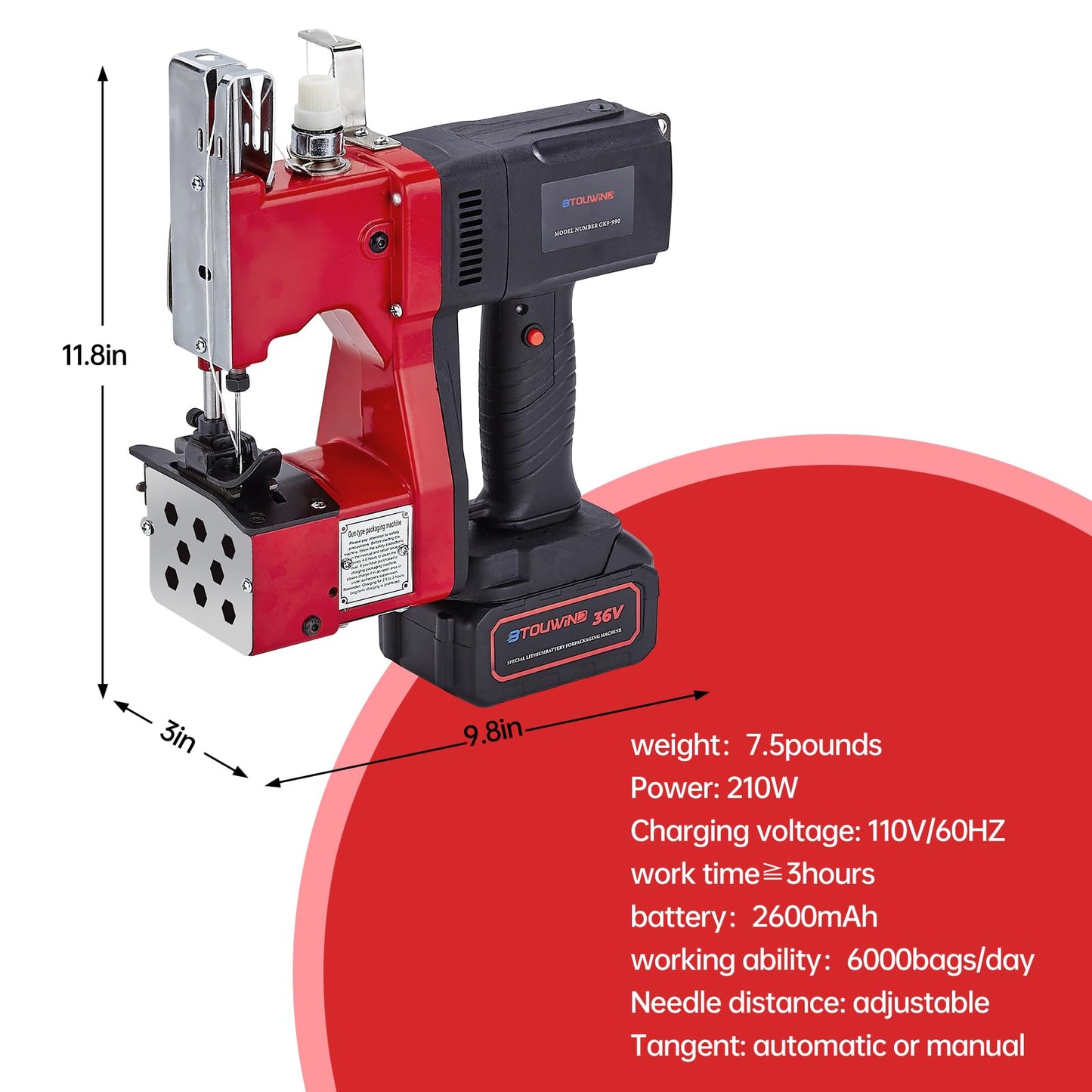 Cordless Bag Sewing Machine，Work Speed（2s/bag），36V Rechargeable Battery+2 Volumes of Thread+10 Needles，Bag Closer Machine Specially Designed for Woven Bag, Burlap Bag