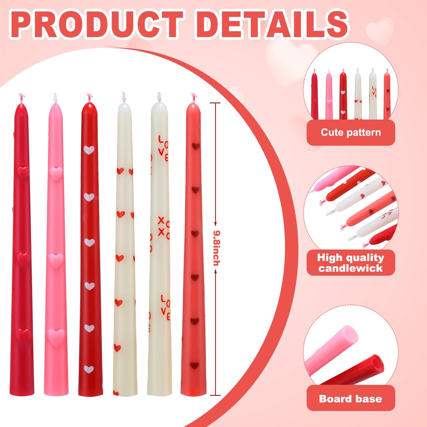 Threlaco 6pcs Pink Red Heart Taper Candle Set 10 Inch Valentine's Candle Sticks Valentines Decorative Candles Long Unscented Candlesticks for Valentine's Day Party Table Anniversary Wedding Decor