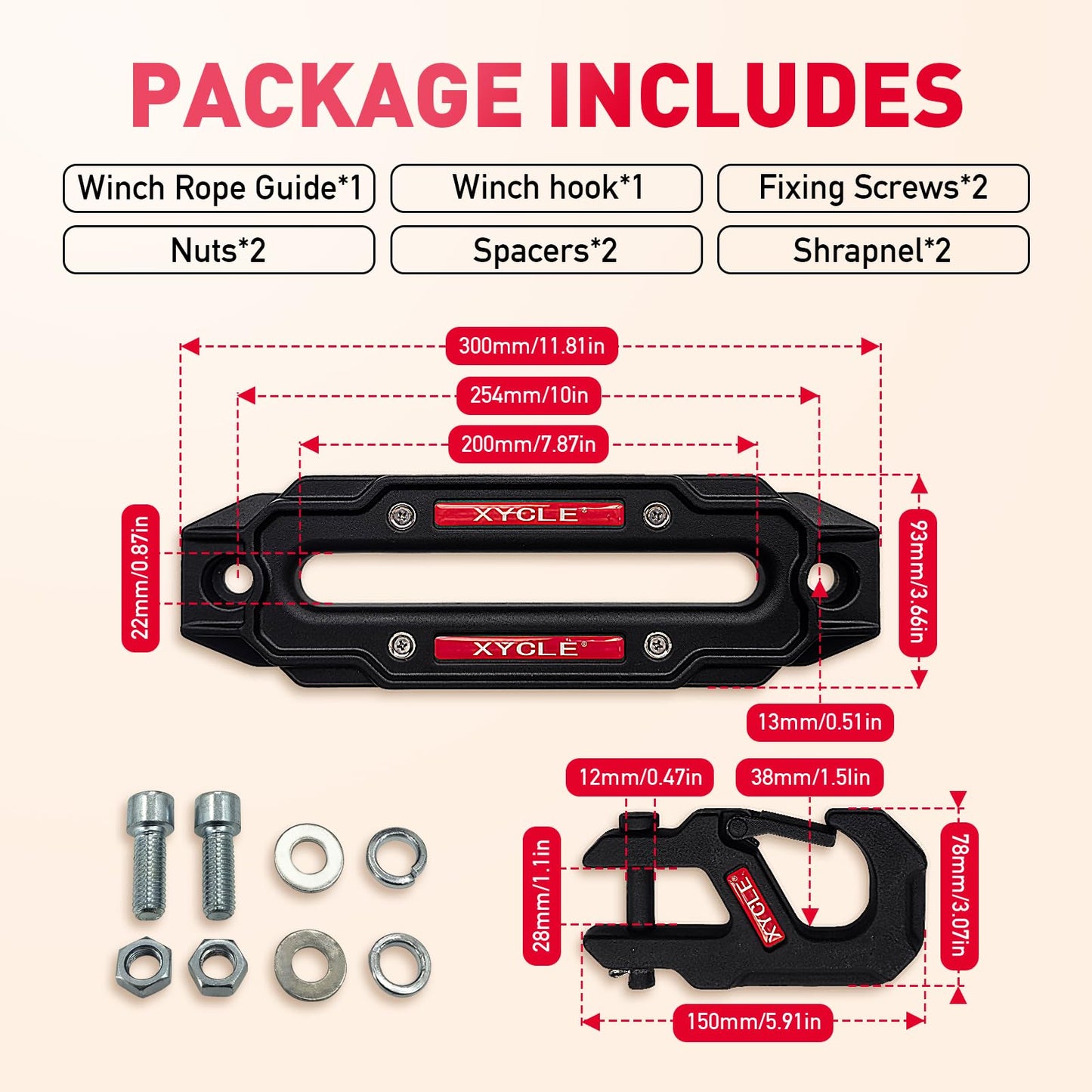 XYCLE WinchFairleadWithTowHook，WinchSynthetic Rope Fairlead, ForgedWinchHook，for 10000 lb. - 20000 lb Towing SUV Truck Trailer Jeep ElectricWinches, 10 in.(254 mm) Mounting Size (Black)