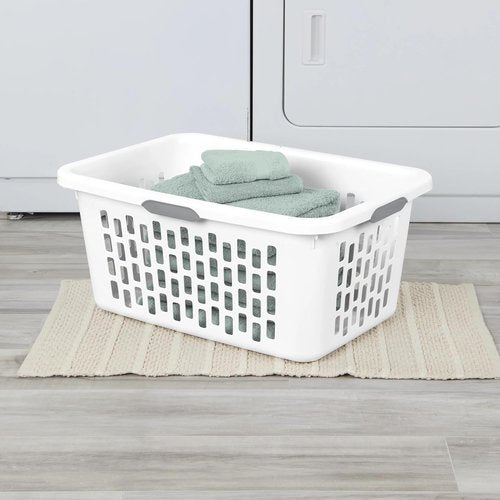 Large Plastic Laundry Basket - 4 Comfort Grip Handles, 2 Bushel Capacity, White