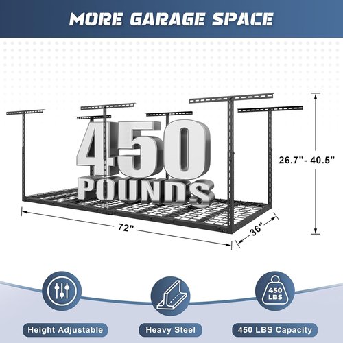 Jusgym Overhead Garage Storage Rack - Heavy Duty Metal | Height Adjustable 26"-40" | 450LBS Capacity