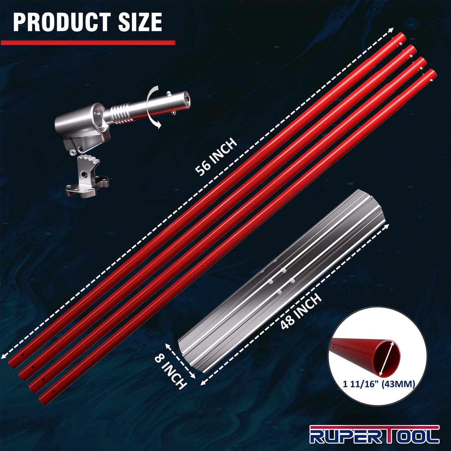 RUPERTOOL Aluminum Magnesium Alloy Concrete Float 48 x 8 inch, Round End, with Adjustable Bracket, 56 inch Float Extendable Handles x 4, Screeding and Finishing Tool Kit