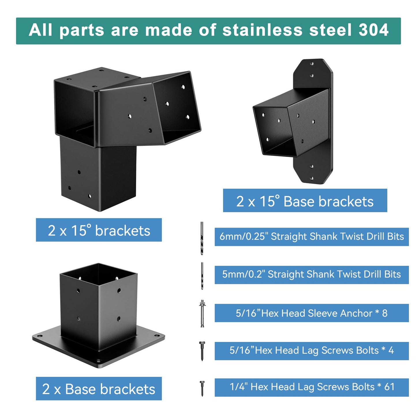 Antsky 2 Pack Stainless Steel 15° Slanted roof pergola Bracket, firewood Sheds roof kit (3-Way End Corner), black