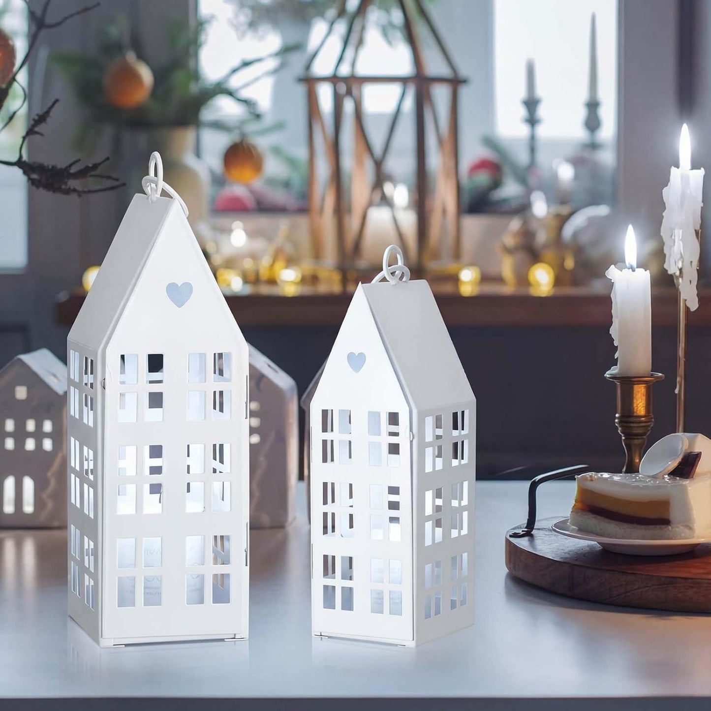 SiliFine White Farmhouse Village Set - 2 Rustic Houses with 2 White Candles | Modern Lantern Decor for Home & Events