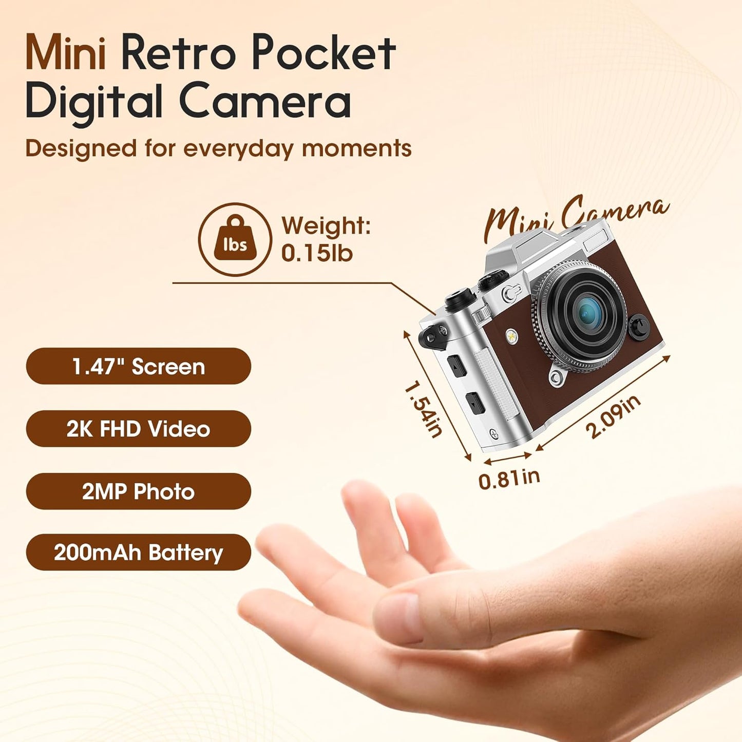 Dienspeak 16GB 2K Tiny Digital Camera, Vintage Mini Keychain Camera for Teens & Beginners, Premium Leather Portable