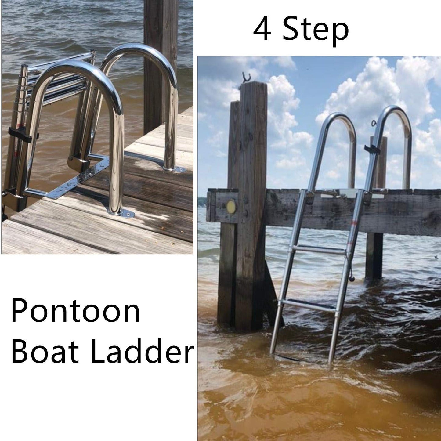 Amarine Made 4 Step Pontoon Boat Ladder Foldable Stainless Steel Marine Rear Entry Telescoping Ladders with Wide Steps Swim Deck Laddes with Pedal Hand Railing,Retaining Strap