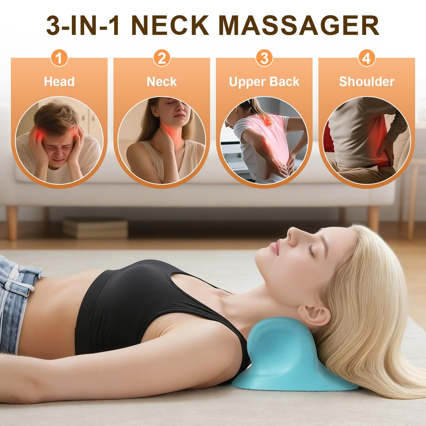 Kalamera Heated Neck Massager Pillow with Vibration Rechargeable Ergonomic Neck Traction Device for Stretching Pain Relief Deep Tissue Portable Cervical Massager for Home Office Travel Relaxation