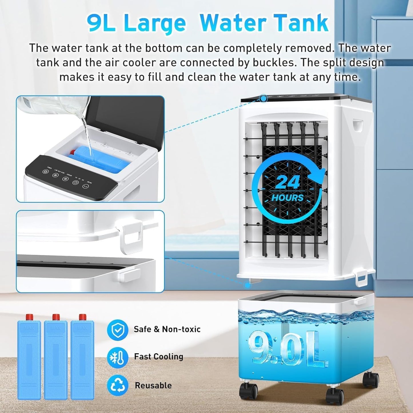 Portable Air Conditioners, [9.5L large Water Tank], 3-in-1 Evaporative Air Cooler for Room, Fast Cooling Portable AC Unit w/7H Timer/Remote, 3 Speeds, Quiet Swamp Cooler for Bedroom Office