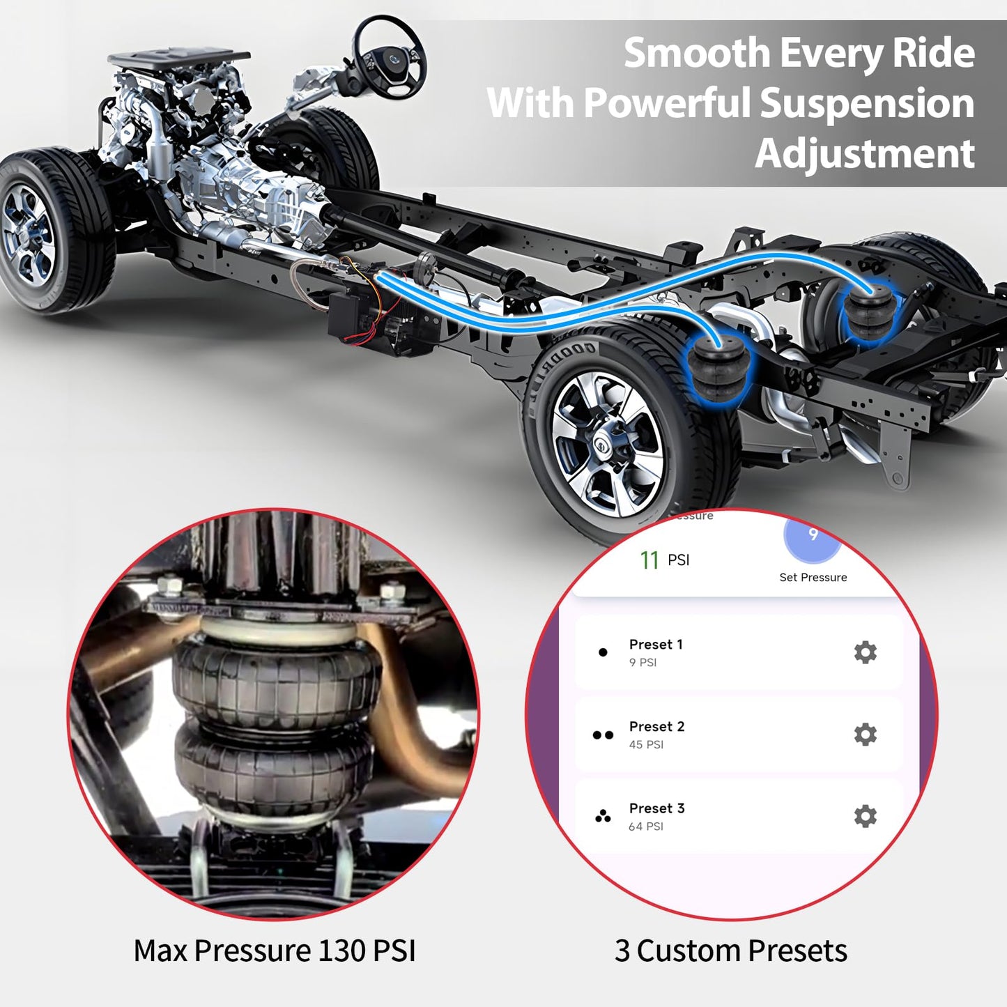 130 PSI Wireless Air Shock Controller Kit 25980EZ, Bluetooth App & Remote Control, Easy Install, Compatible with Cars, SUVs, Trucks, HASK-01APP