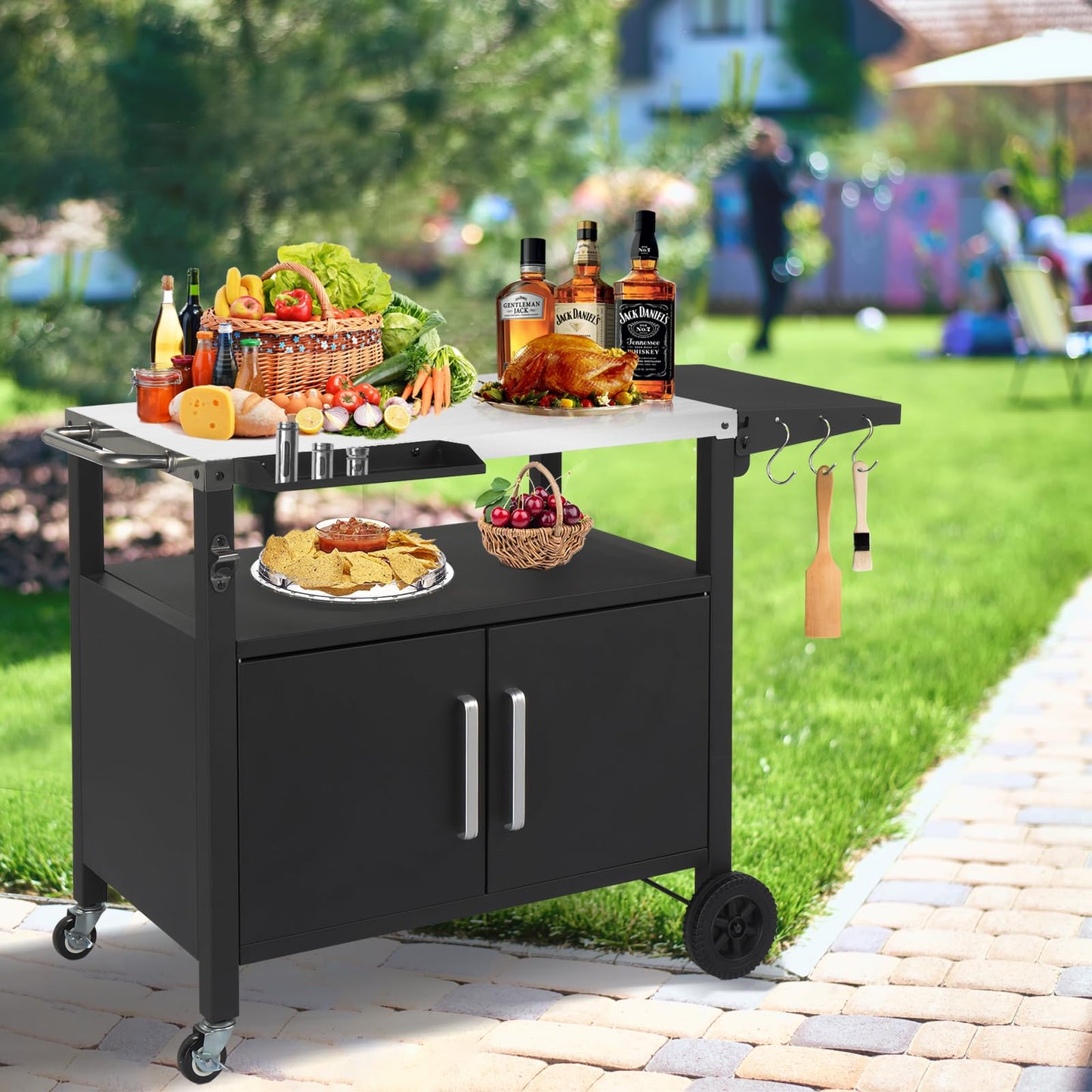 ROVSUN Gourmet Grill Cart with Storage, Movable Grill Table with Wheels, Hooks and Spice Rack, Stainless Steel Top & Storage Cabinet, Pizza Oven Cart for Camping, Tailgating, and Outdoor Cooking