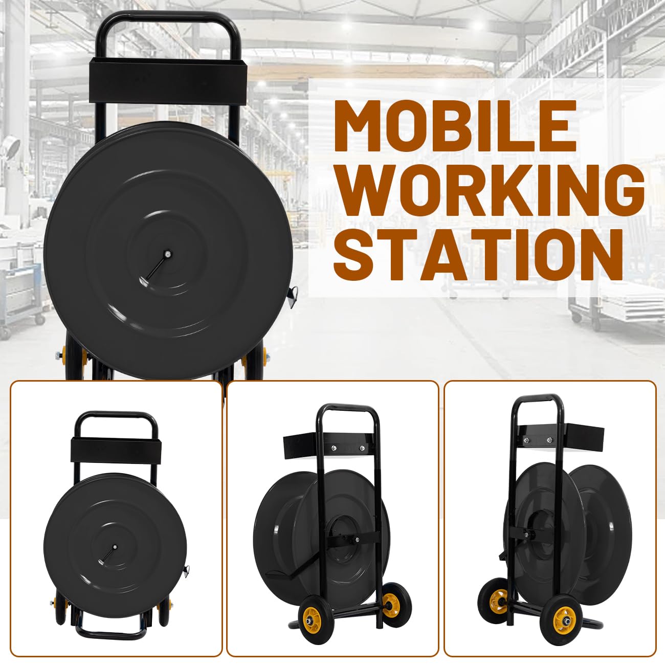 biosp Heavy Duty Strapping Cart Dispenser with Wheels, Portable Strapping Dispenser Banding Cart with Built-in Tray, Strapping Trolley for Packaging Poly/Plastic Steel/Fibre 16'' Core Size, Black
