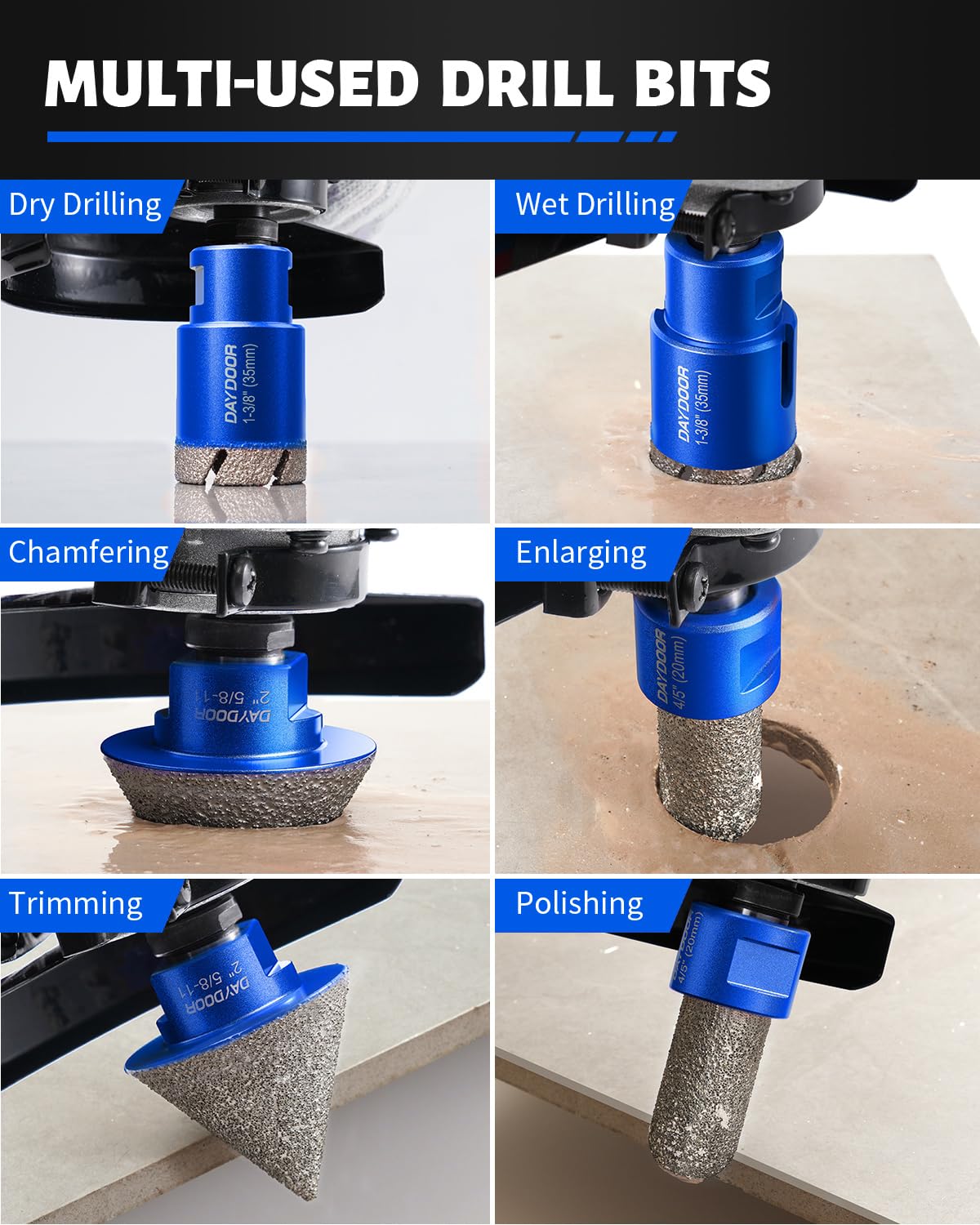 DAYDOOR Diamond Hole Saw Kit, 15-Piece Tile Hole Saw Kit 1/4" 5/16" 4/5" 1" 1-3/8" 2" 3" 4",Vacuum Brazed Core Drill Bits for Porcelain Tile, Granite, Marble, Stone(Blue)