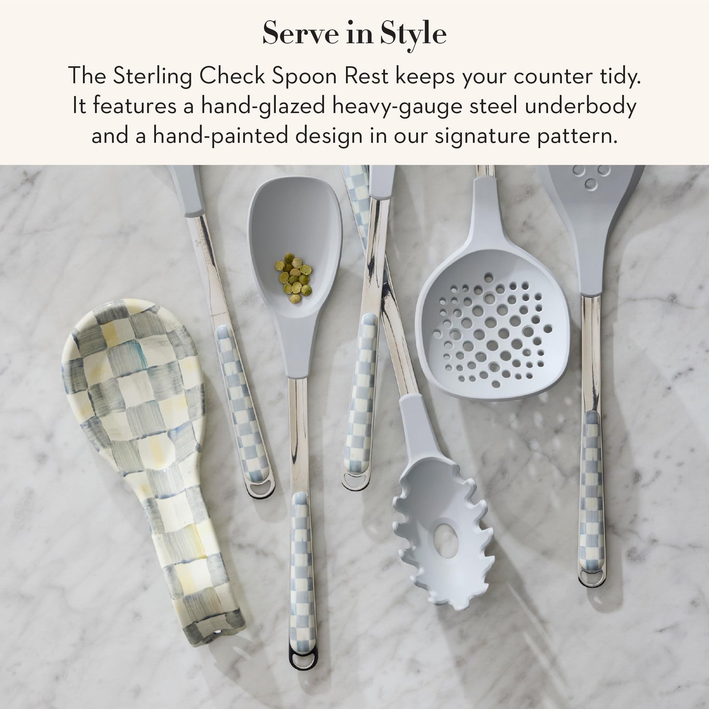 MACKENZIE-CHILDS Enamel Spoon Rest, Kitchen Spoon Holder and Utensil Rest for Stovetop, Grey-and-White Sterling Check