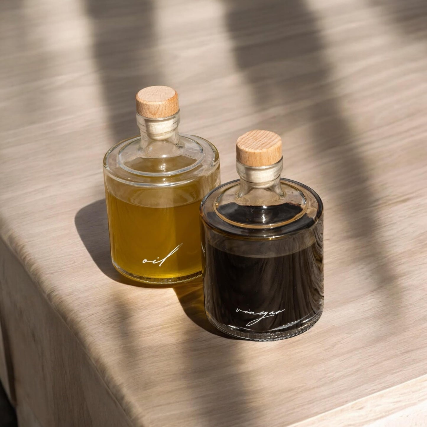 Oil and Vinegar Glass Dispenser Set, 8oz Bottles with Cork Lid - Handcrafted, Premium Quality, Eco-Friendly