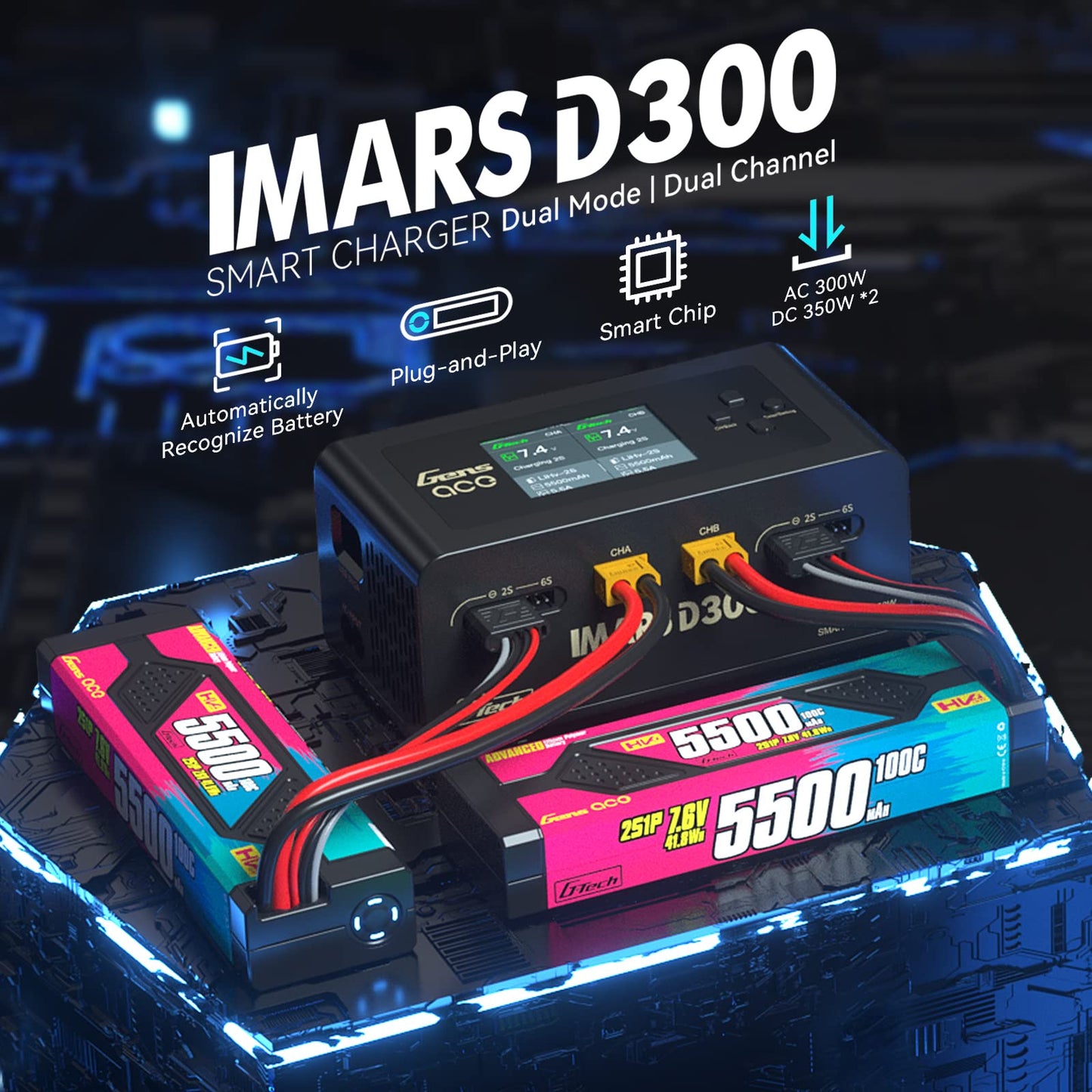 Gens Ace IMARS D300 G-Tech Smart Dual Lipo Charger 16A AC 300W DC 700W Lipo Charge（Black）
