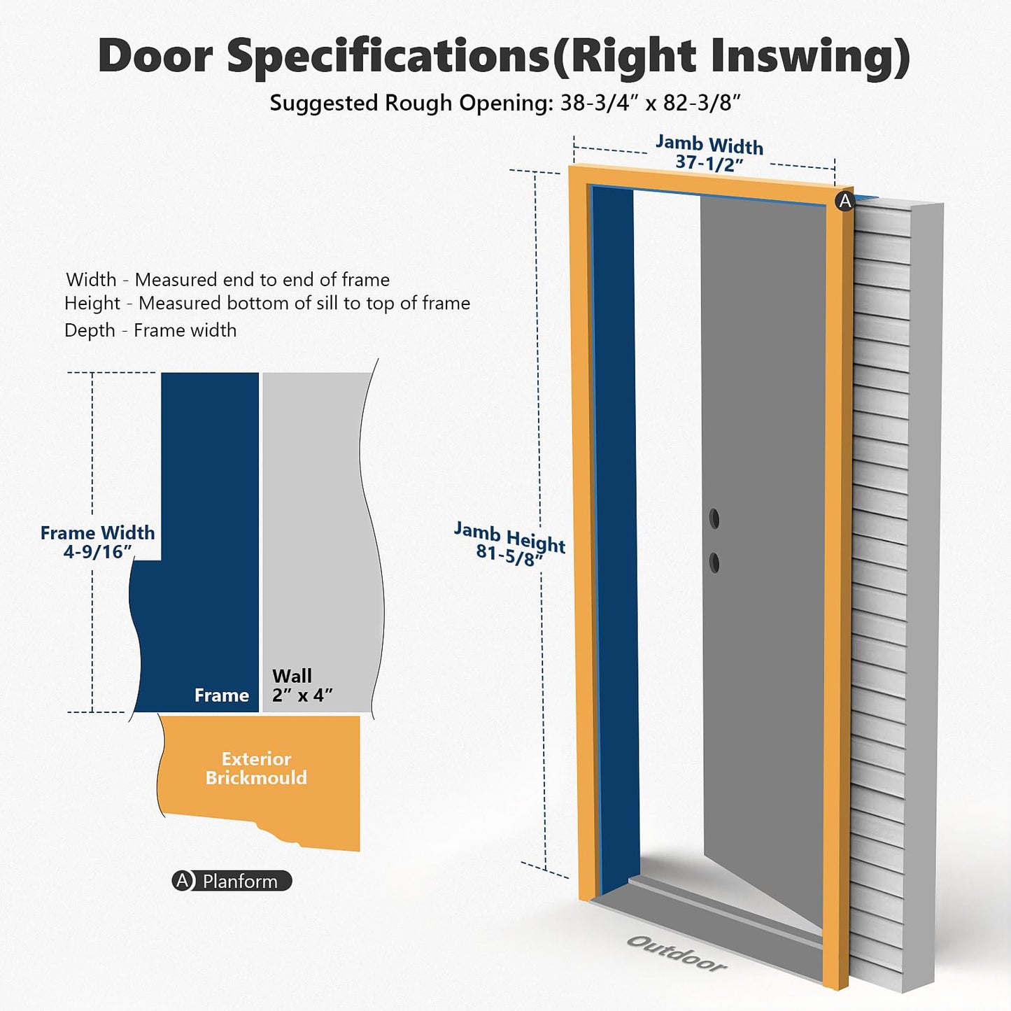 KHSHOW 36 x 80 Fiberglass Entry Door with Brickmould, Frosted Glass, Black Finished Knock-Down Fiberglass Door - Contemporary Style for Home's Front Entrance, Right Hand Inswing with Vinyl Frame