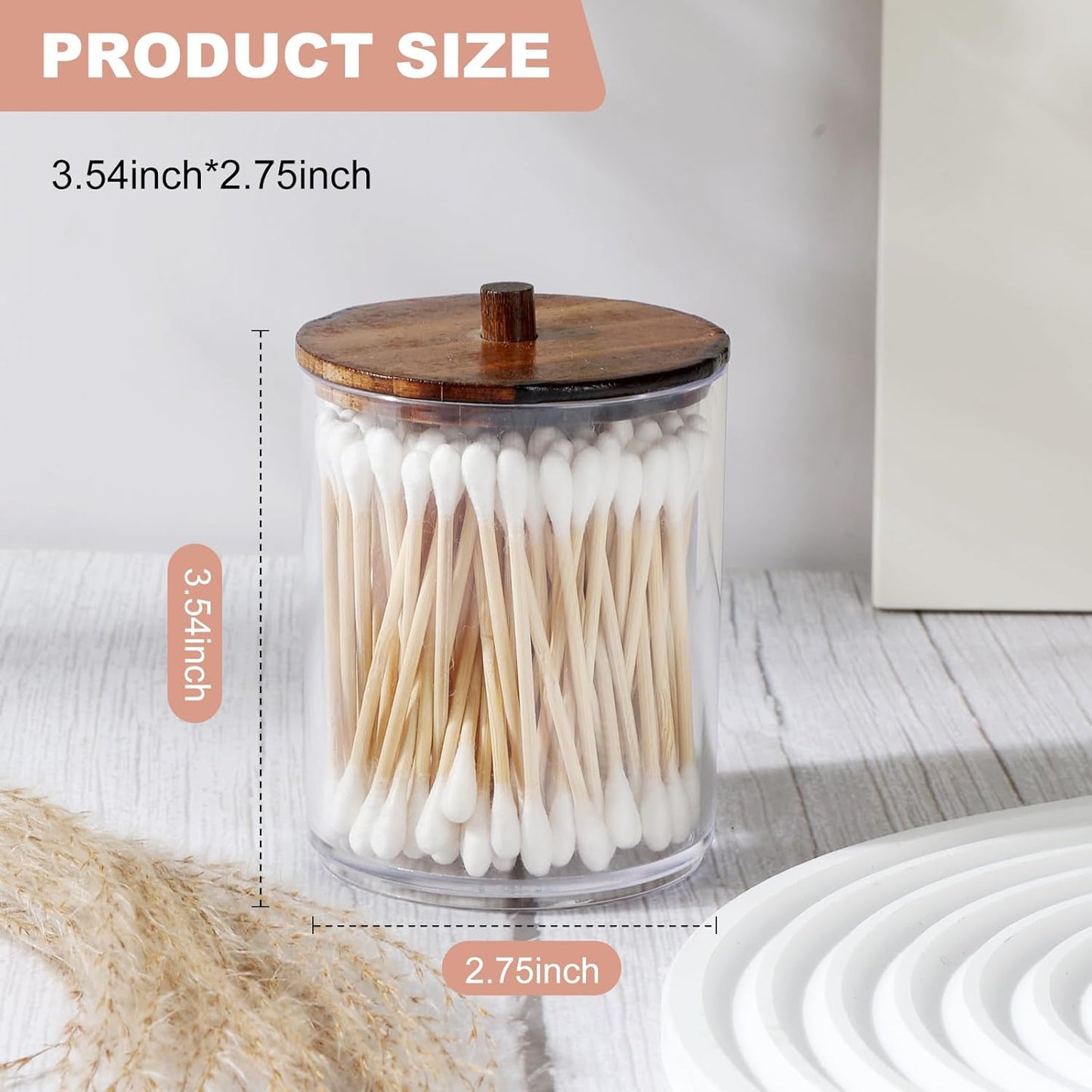 Temoyj Qtip Holder Dispenser - 10 oz Clear Plastic Apothecary Jar with Wood Lids | Vanity Makeup Organizer