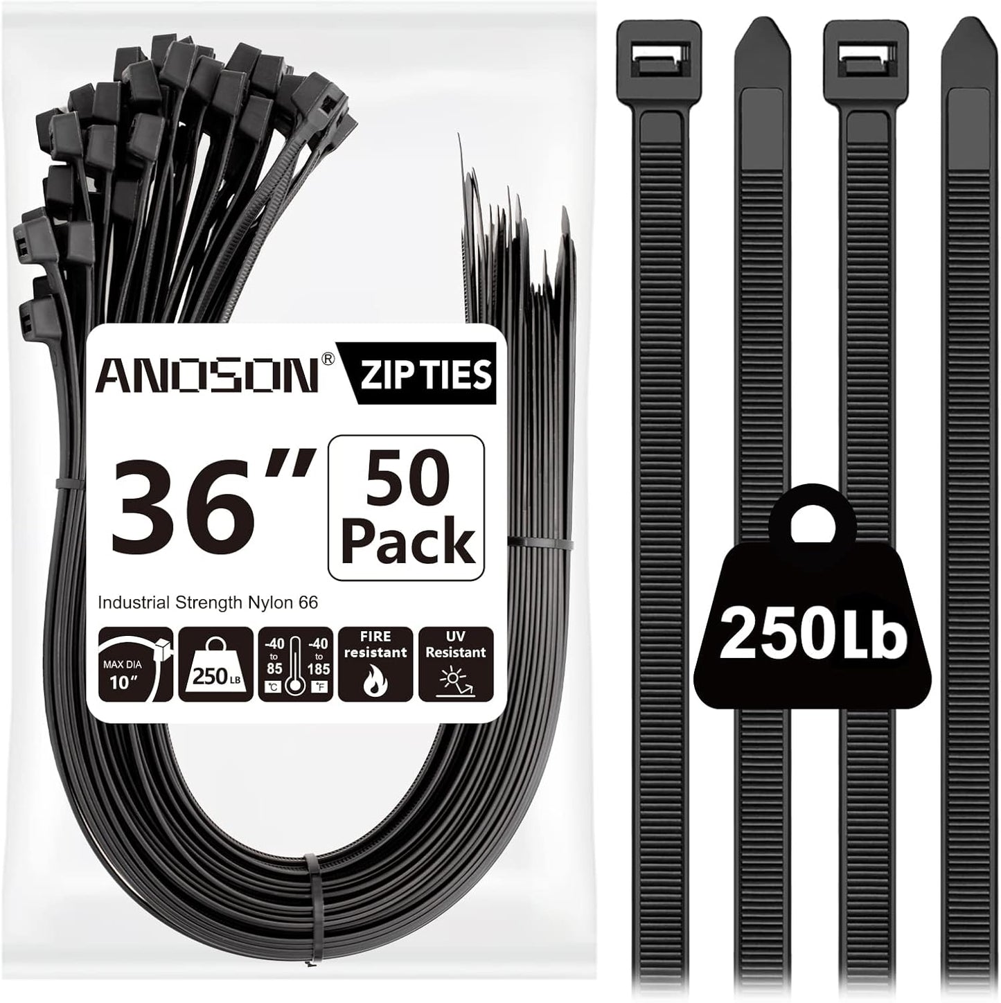 ANOSON 36 inch (50 Pack), 250 lb Large Zip Ties Long Zip Ties Heavy Duty with Tensile Strength, Big Cable Ties, Black