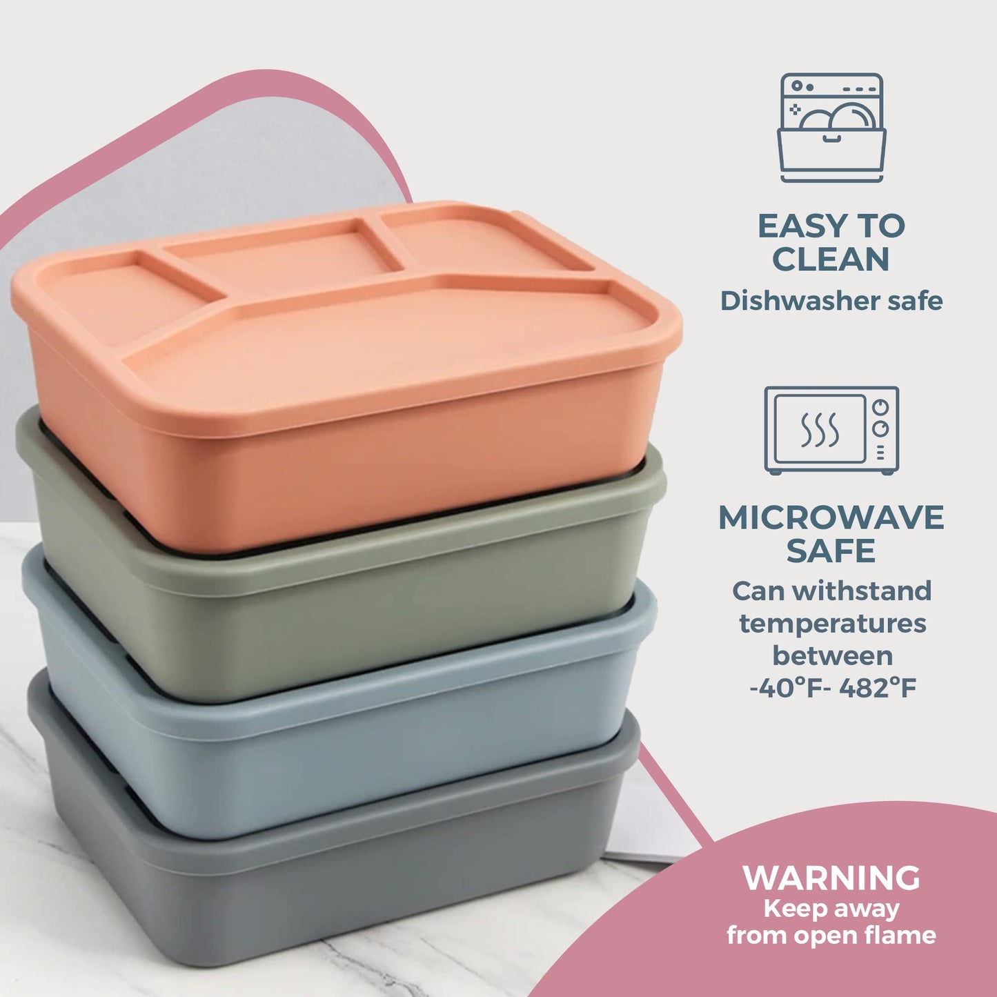 Spoondrift Eco-Friendly Leak Proof Silicone Bento Box Lunch Box, For Child And Adult, 4 Compartment, Choose from 6 Colors, Includes one box (Sage)
