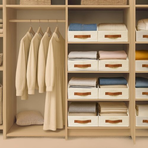 Homsorout Fabric Storage Bins - 6 Large Collapsible Trapezoid Organizers with Front Handle | Beige