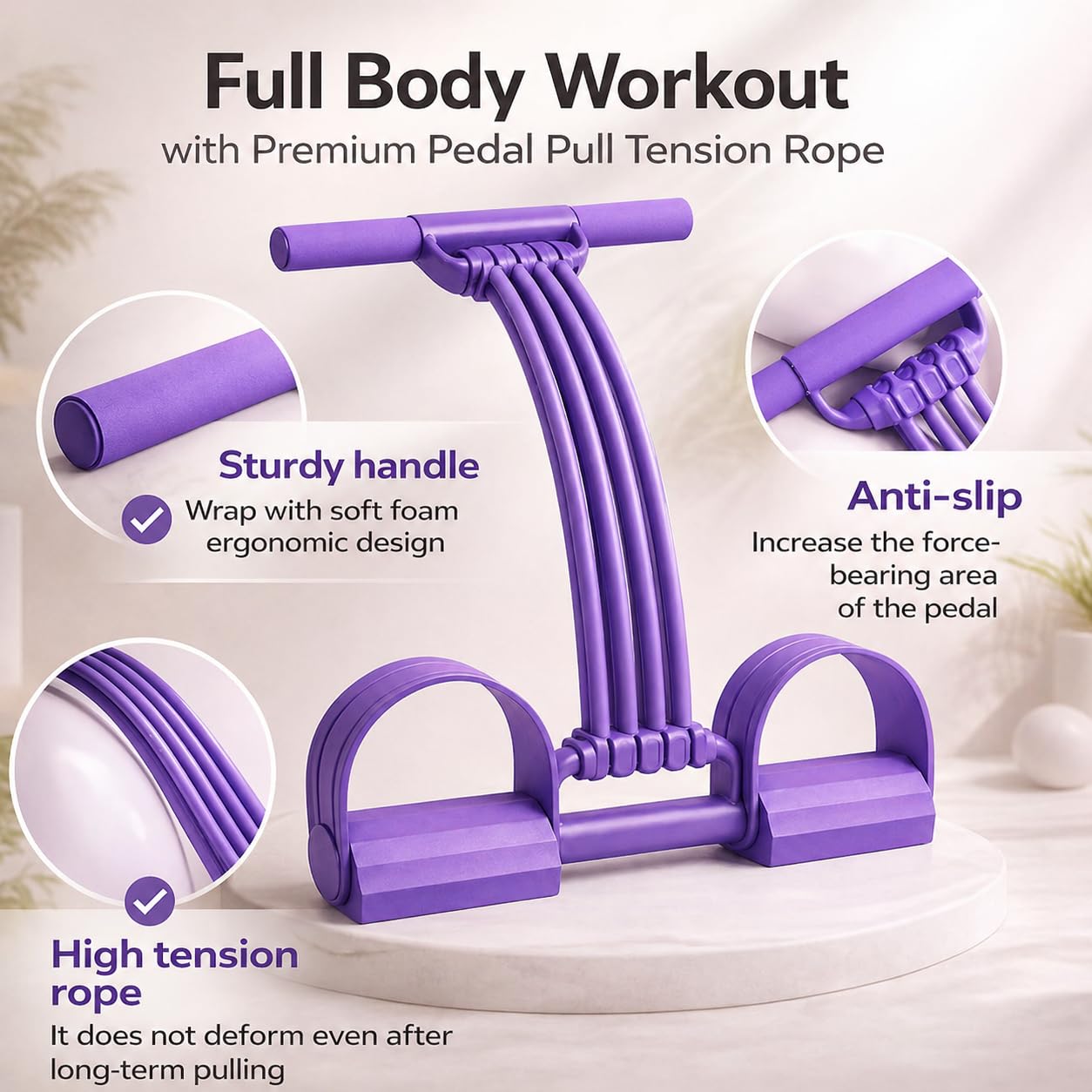 2026 Upgrade Pedal Resistance Band with Handle,8 Tube Detachable Elastic 3-in-1 Multifunctional Foot Pedal Resistance Assistance Expander for Foot Pedal Pull, Back Stretch & Chest Expand (Purple)