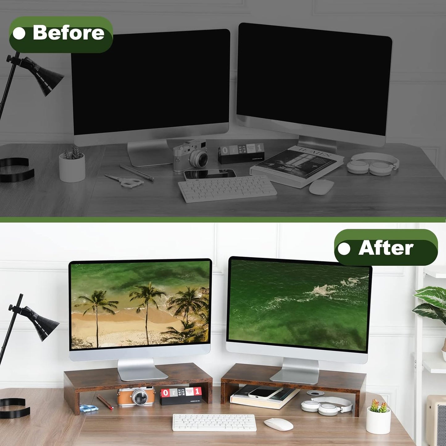 2 Pack Riser-20 inch, TEAMIX Monitor Stand Wooden Tabletop Shelf for TV/PC/Laptop/Printer, Rustic Brown Monitor Riser