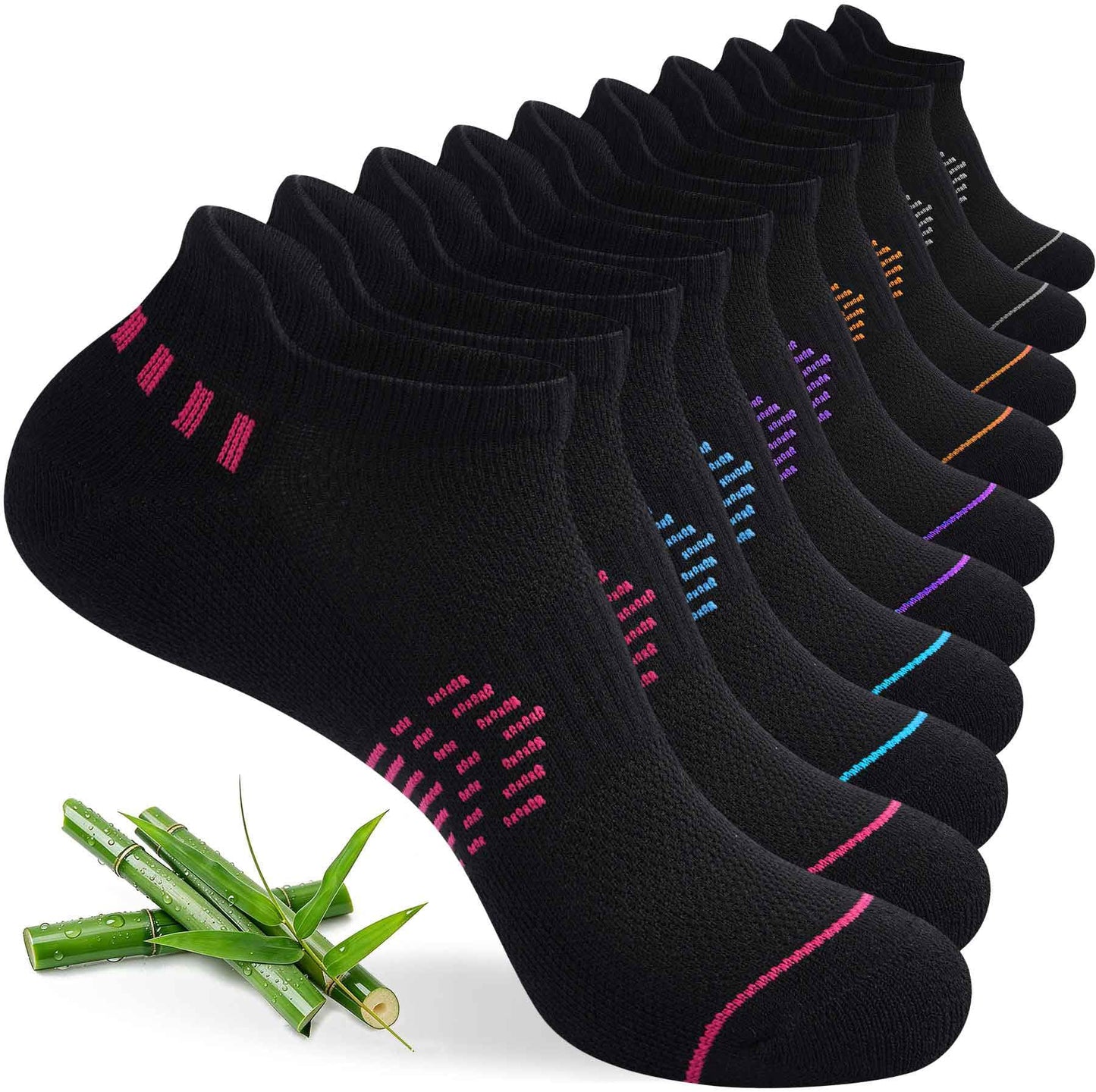 floconssy Ankle Socks for Women, Bamboo Viscose Black Cushioned Running Socks Low Cut Athletic Short Footies with Heel Tab 5 Pairs Size 6-9