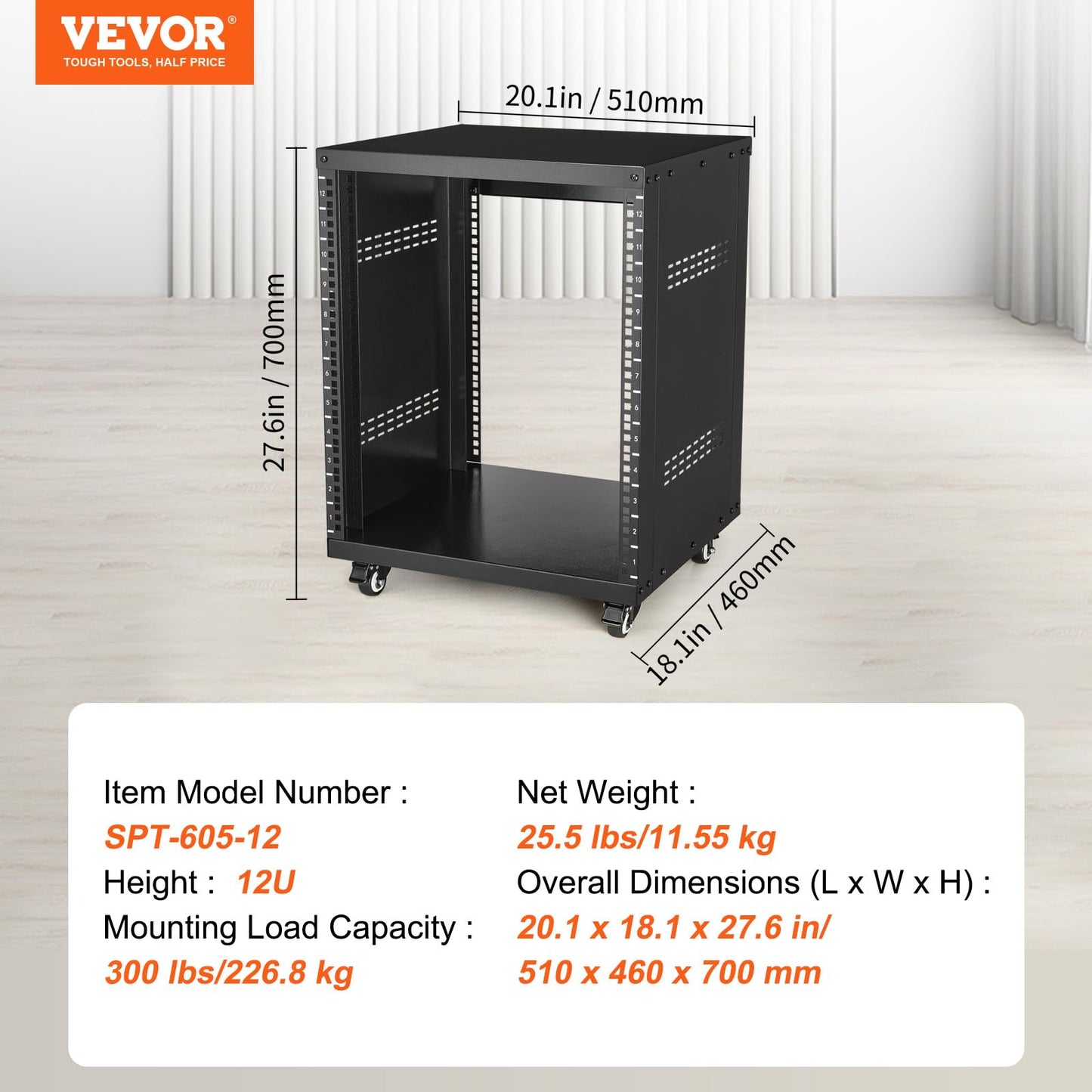 VEVOR 12U AV Rack Stand with Caster Wheels, Component Rack Cabinet Recording Studio Racks, Removable Side Panels, Universal Network Server Case, Special Vents for 19'' Audio Video Rack Mounting
