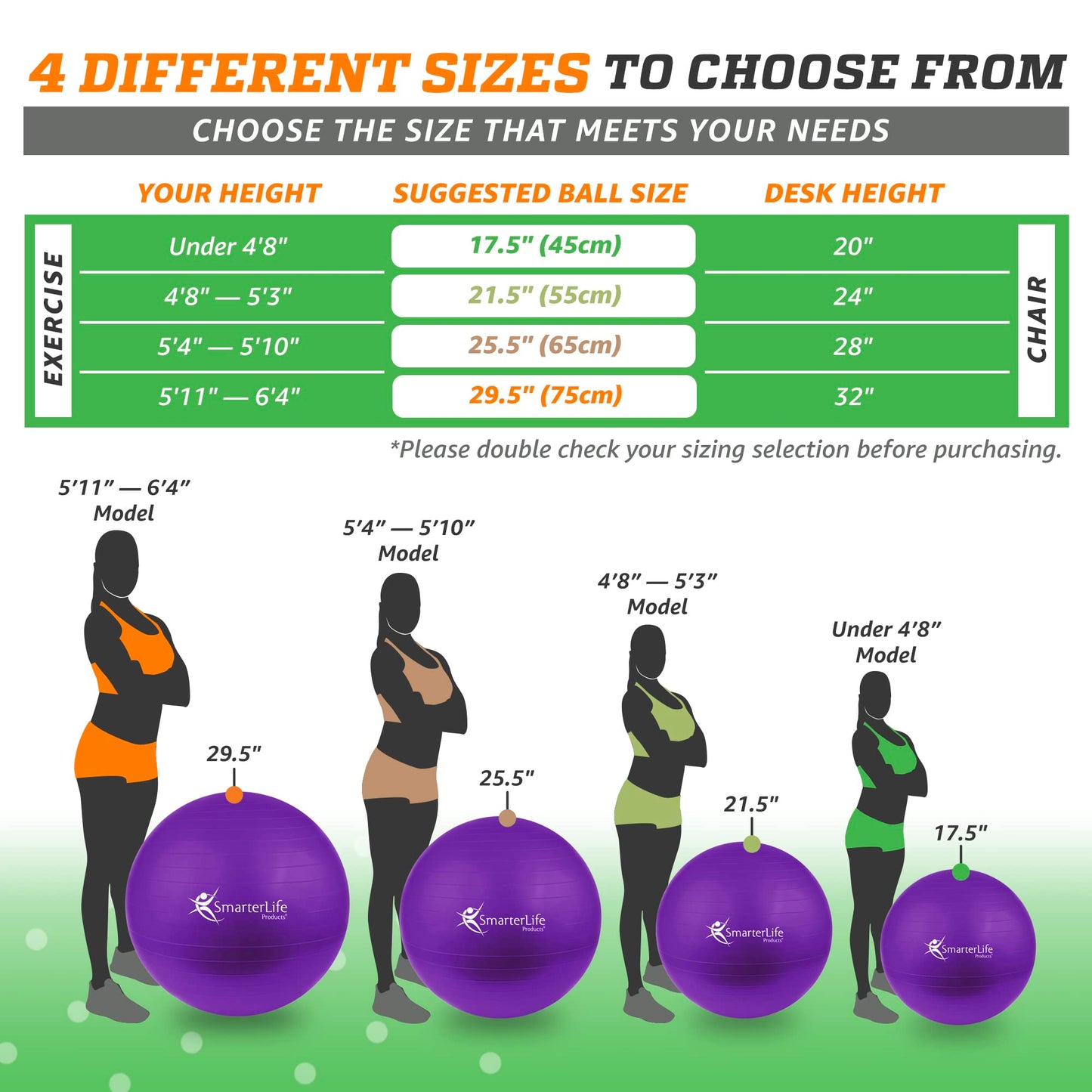 SmarterLife Exercise Ball Yoga Ball for Fitness, Balance, Stability, or Pregnancy, Gym Ball for Core Workout, Physical Therapy, Yoga Ball Chair for Office, Anti-Slip Anti-Burst (65 cm, Purple)