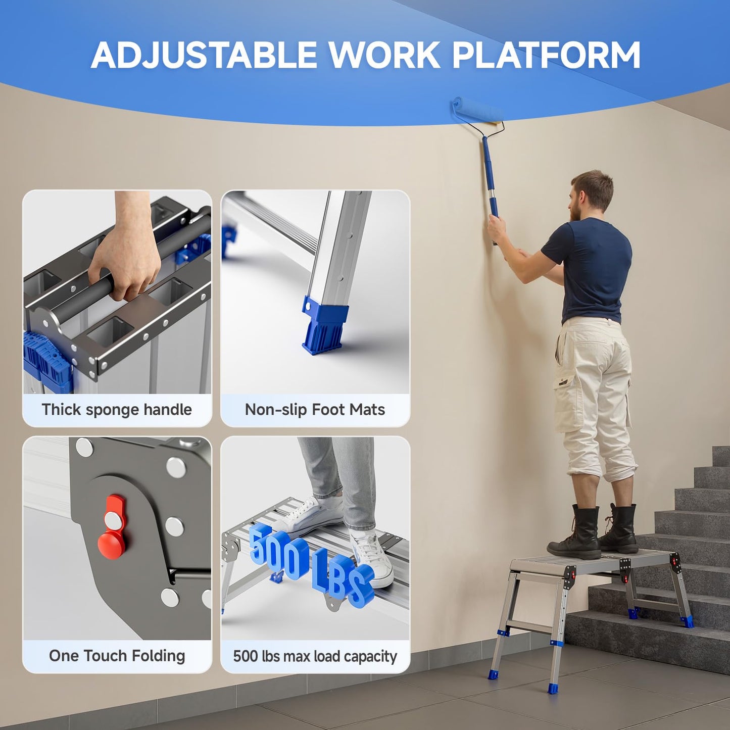 Loyoda Folding Work Platform for Adults, Aluminum Foldable Step Stool Adjustable Height, Lightweight and Durable Portable Outdoor Aluminum Step Ladder, Maximum Load Capacity of 500 Pounds.