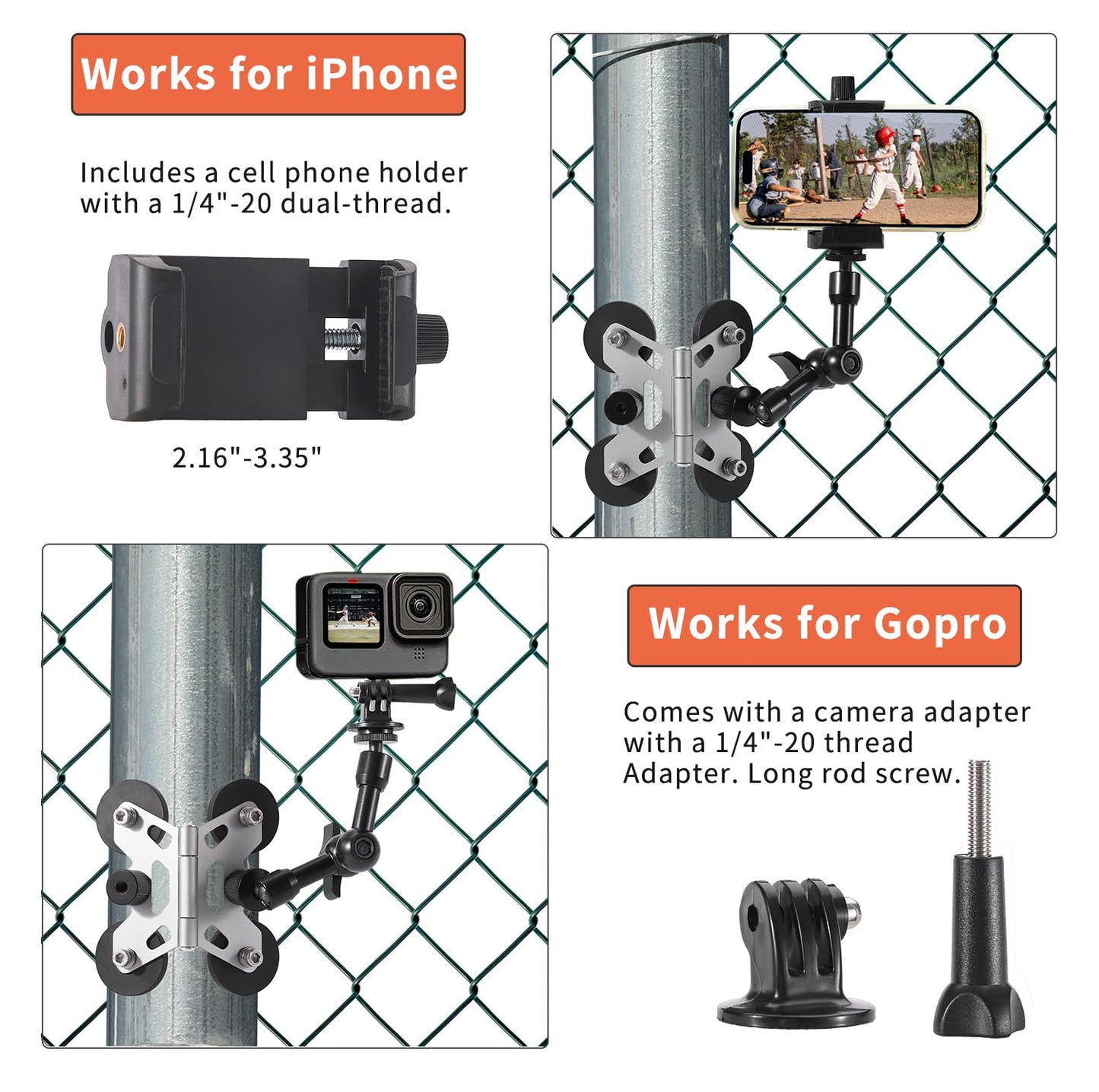 Magnetic Camera Fence Mount for Mevo Start, Post Mount for Cell Phone/GoPro,Two 1/4" Threaded Points, Flexible Hinge Camera Holder, for Recording Baseball/Tennis Games/Softball