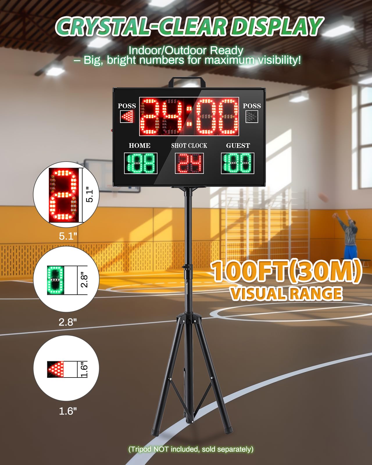 Spolehli Large Electronic Scoreboard with Wireless LCD RF Controller - 22.4x14.6 Big LED Display, 100Ft Visibility, Dual Power Options, Flexible Timing Control for Indoor/Outdoor Sports Games