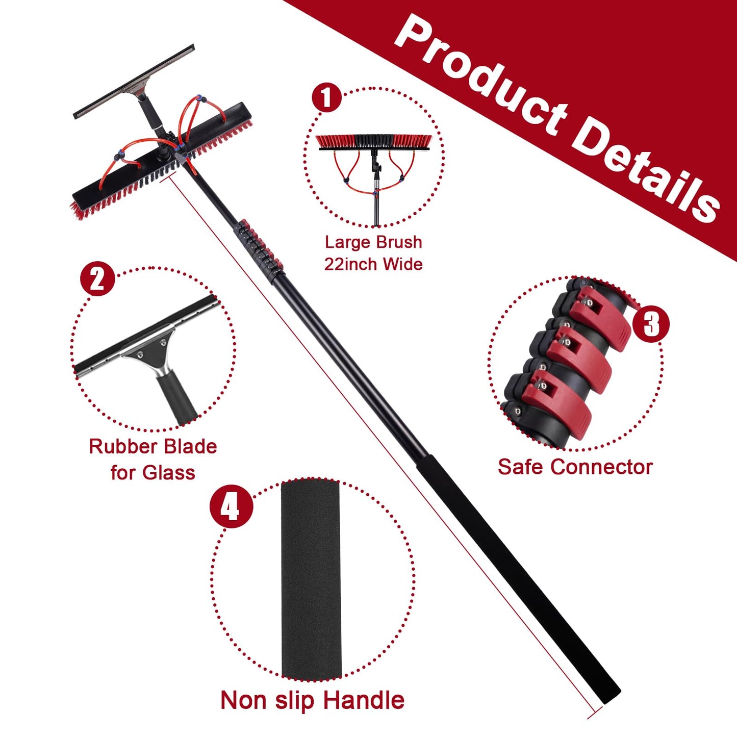 18FT Solar Panel Cleaning Brush & Squeegee Kit, Proffesional Window Washing Tool, 22in Wide Brush & 2 Dusting Brush, Water Fed Pole, Extendable Telescopic Pole for Roof Mounted Solar Panels