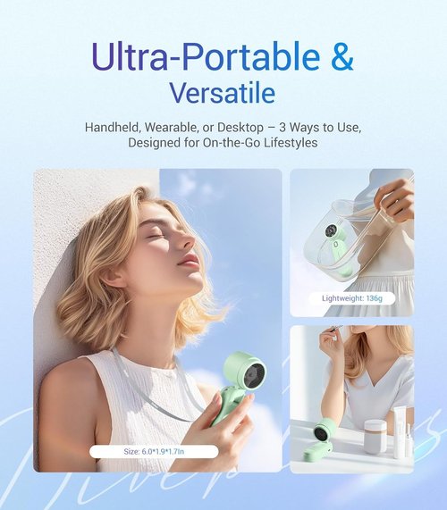 Diveblues Mini Portable Turbo Fan - 30ft/s Cooling Power | 12H Battery Life, 4000mAh, 3-in-1 Handheld/Neck/Desk Fan