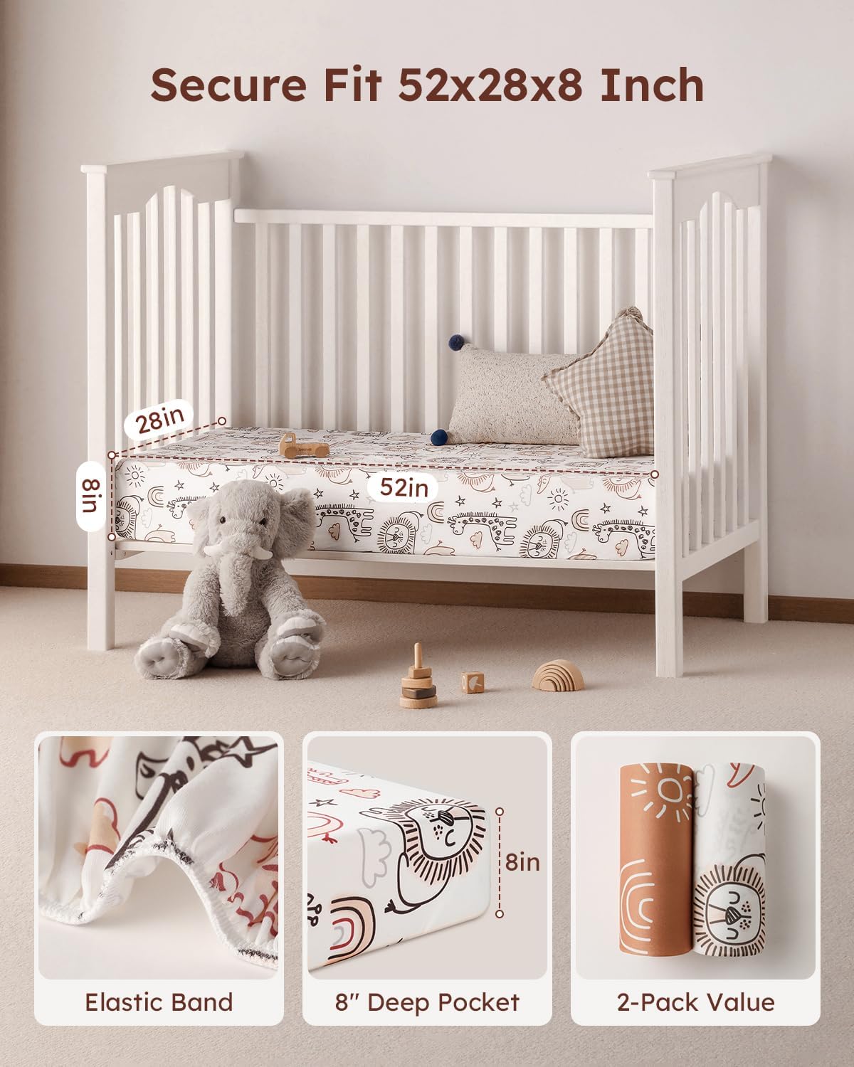 Yoofoss Baby Crib Sheets - Ultra Soft 2-Pack Fitted Sheets for Standard Crib & Toddler Mattress | Animal World Design, 52x28
