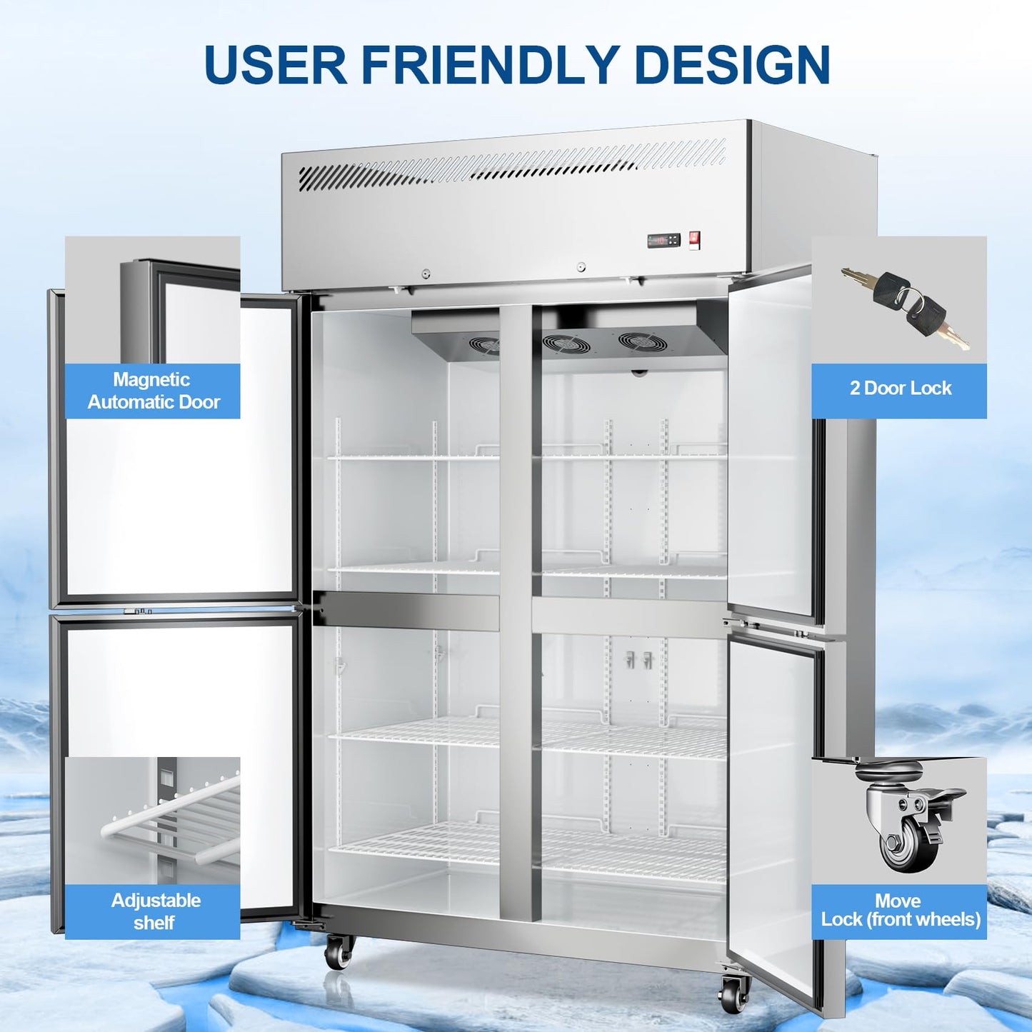 ECEVT 48"W 4 Door Commercial Freezer, 36 Cu.ft Stainless Steel Upright Freezer (-8℉ to -1℉) with 8 Adjustable Shelves, Lockable Door, Wheels, Auto-Defrost for Restaurant, Kitchen, Shop