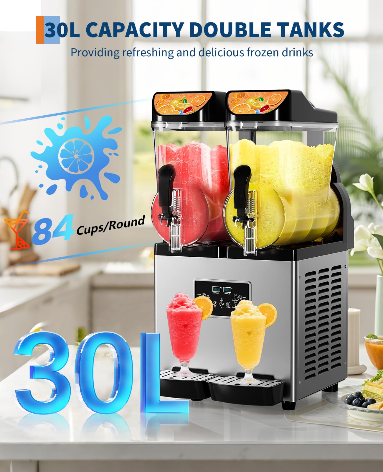 Garvee Commercial Slushy Machine, 30 L/3.9 gal, 2-Flavor Frozen Drink Margarita Machine, 900W Stainless Steel Slushie Maker, Fast Cooling & Low-Noise, Auto-Clean for Restaurants, Cafes, Food Trucks