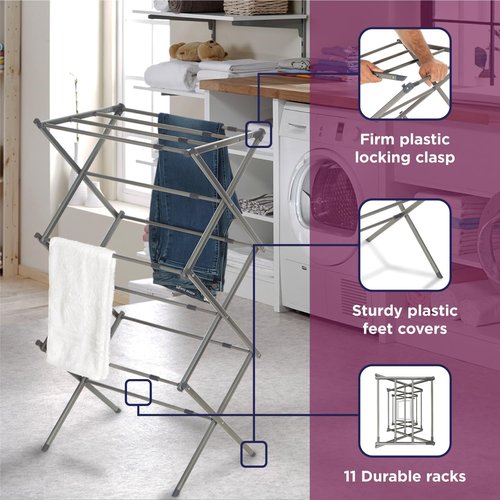 BLACK+DECKER 3-Tier Expandable Laundry Rack - Space-Saving, Heavy-Duty Metal Drying Rack (Silver)