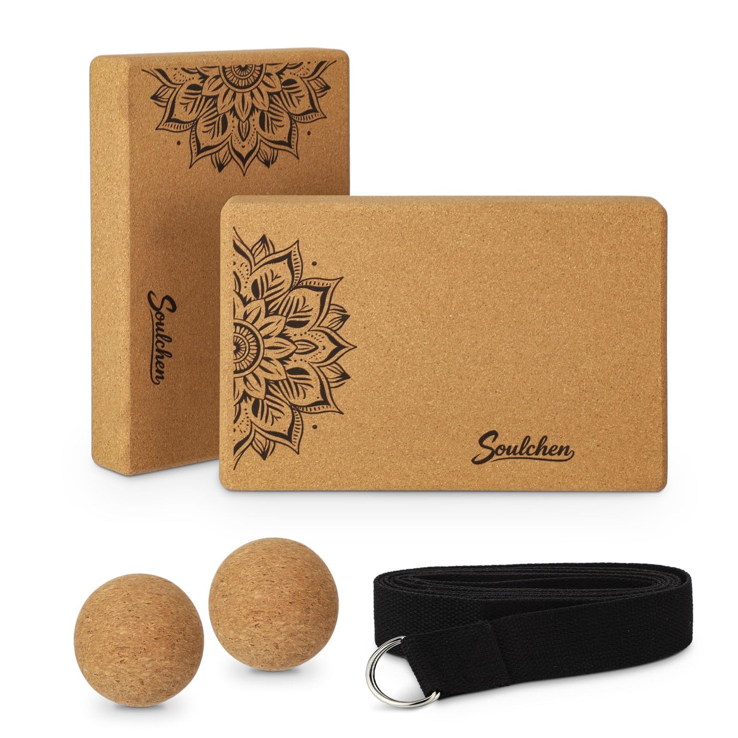 Soulchen 5 Pack Yoga Accessories for Women Set Yoga Block 2 Pack with Strap Massage Ball for Meditation Pilates Cork Blocks Stretching Home Gym Natural High-Density, 12"x8"x2"