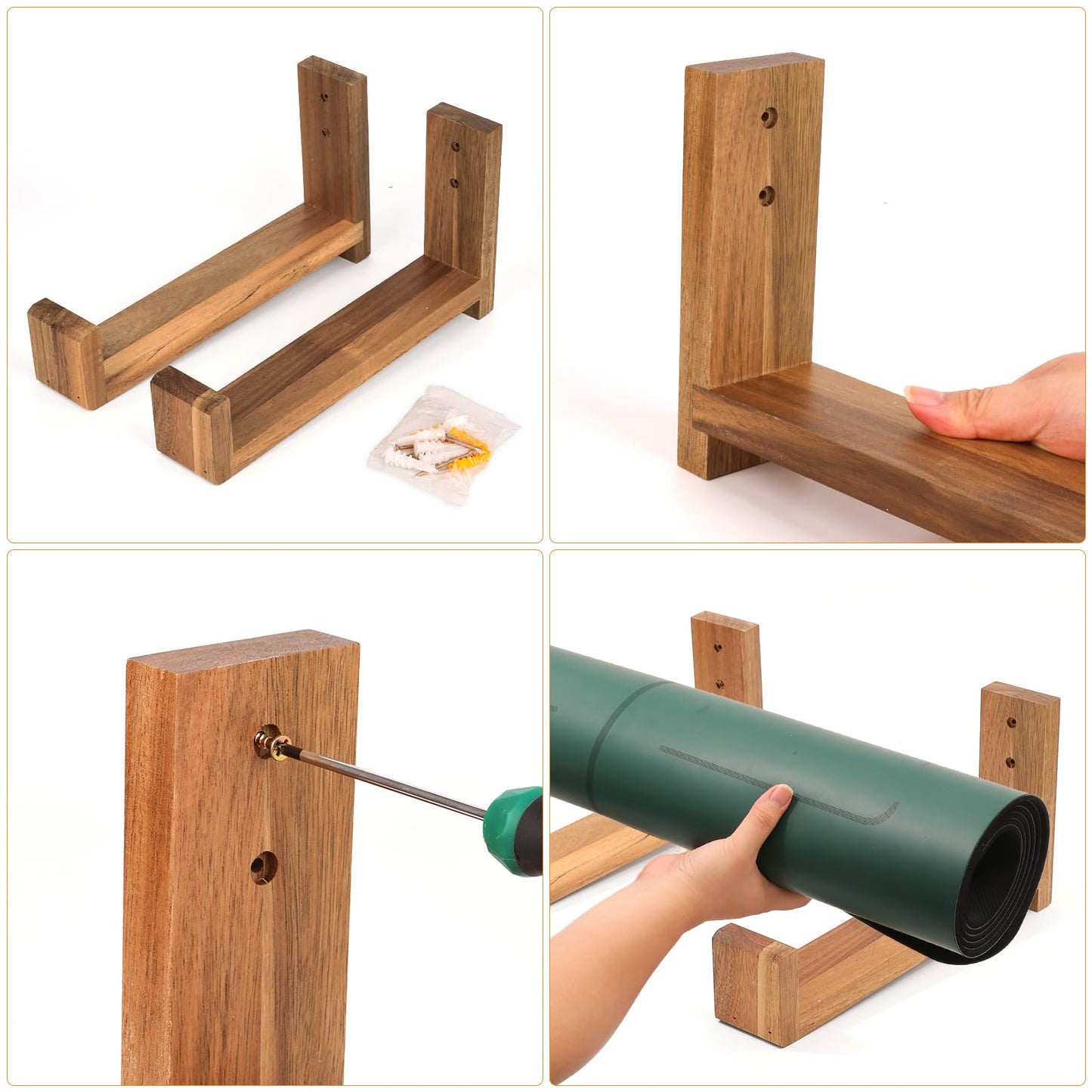 Yoga Mat Holder Wall Mount Yoga Mat Storage Rack,Wall Shelf Organizer, Foam Roller Wall Hooks, Hold 3 yoga mats, Fitness Gear Organizer By Wood