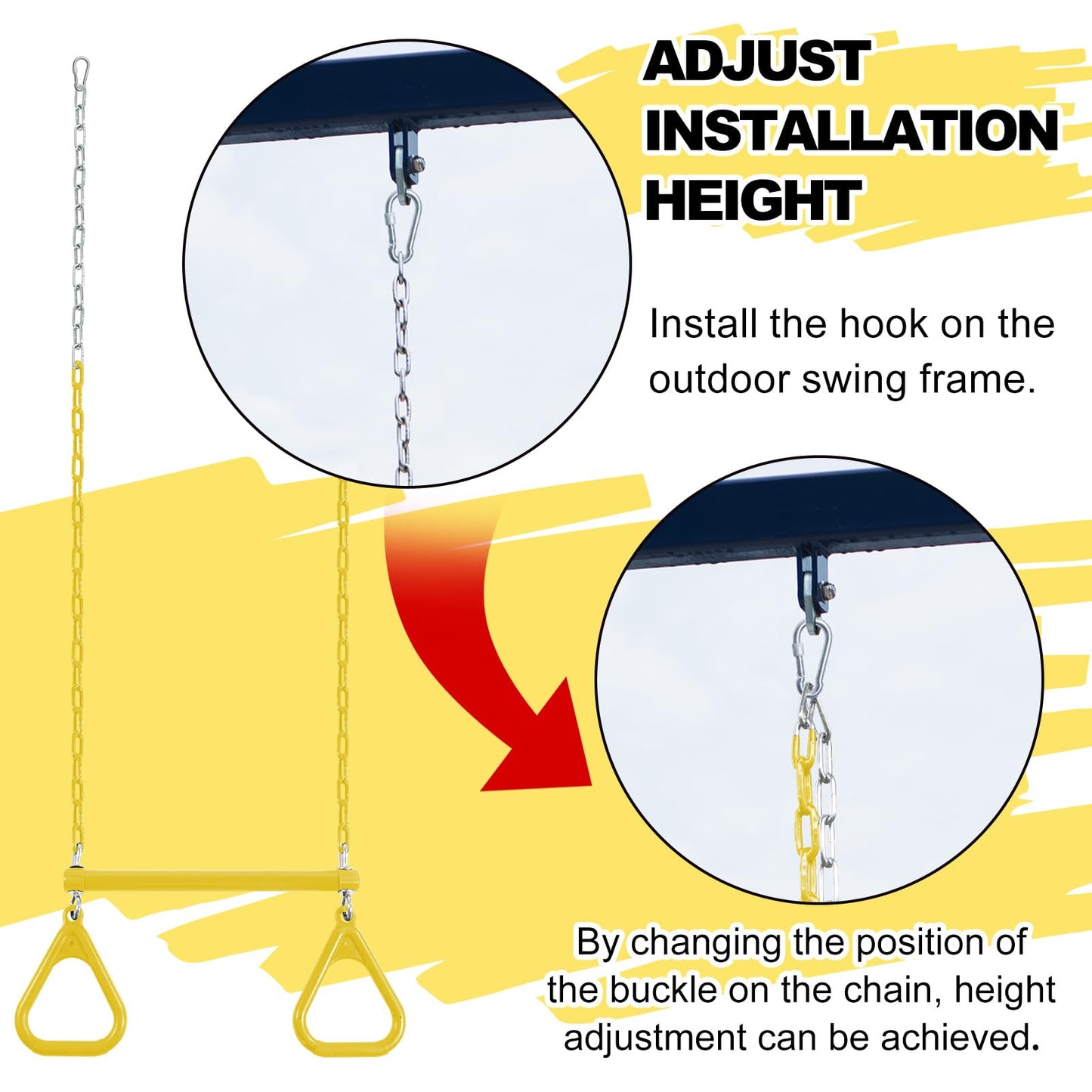 Duty Ring Trapeze Bar for Backyard-16.5" Trapeze Swing Bar- Swingset Accessories Outdoor with 47" Coated Chains 2 Snap Hooks (AB010004-1)