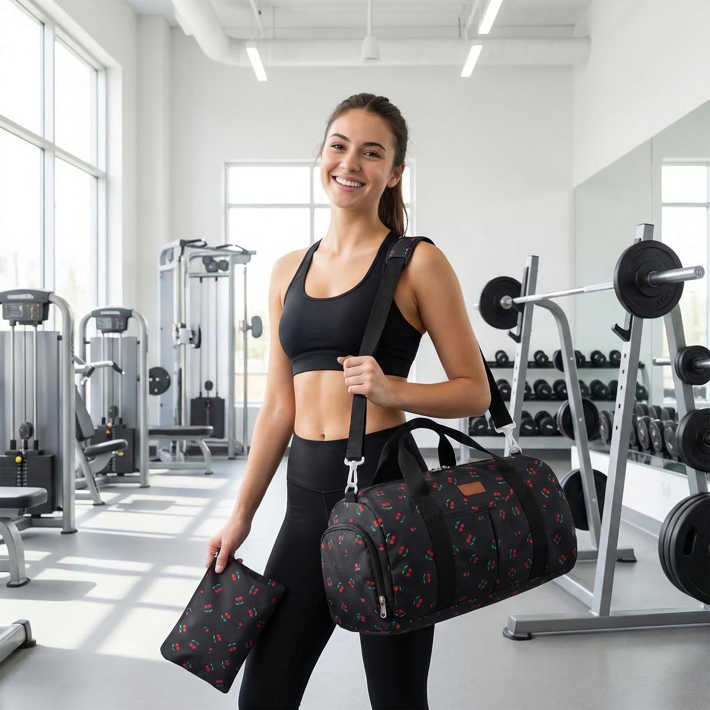 2PCS Cute Gym Bag for Girls, Duffle Bag with Wet Pocket & Shoe Compartment and item bag, Duffle Bag for Travel, Sports, Fitness & Workout