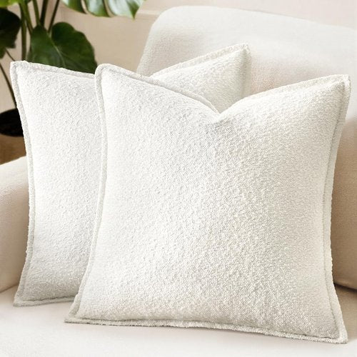 MIULEE Decorative Textured Boucle Throw Pillow Covers - Pack of 2 | 22x22 Inch White Boho Farmhouse Accents for Sofa & Bedroom Decor