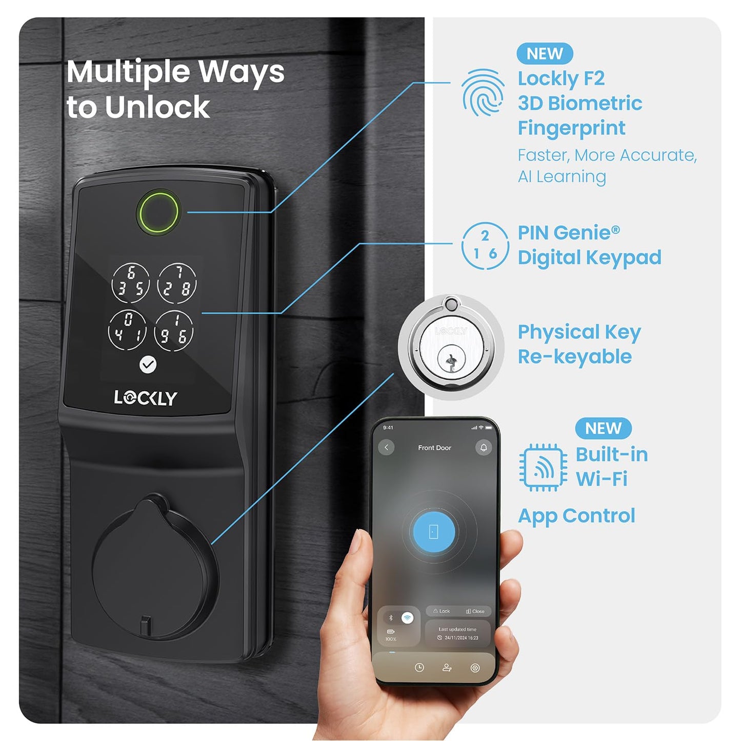Lockly Secure Pro (Latest Version), Smart Lock with Built-in Wi-Fi, New-Gen Fingerprint Door Lock, Keyless Entry Deadbolt, PIN Genie Keypad, Auto Lock, App Remote Control, Easy Installation