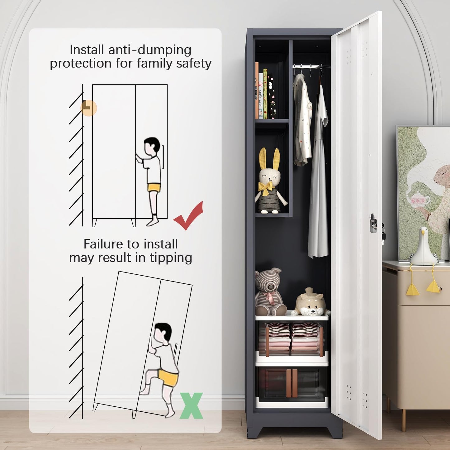 GREATMEET Slim Locking Metal Garage Storage Cabinet, 65" Lockable Utility Closet, Tall Steel Narrow Broom Closet Storage Cabinets with Door and Shelves for Laundry Room, Bathroom, White & Grey