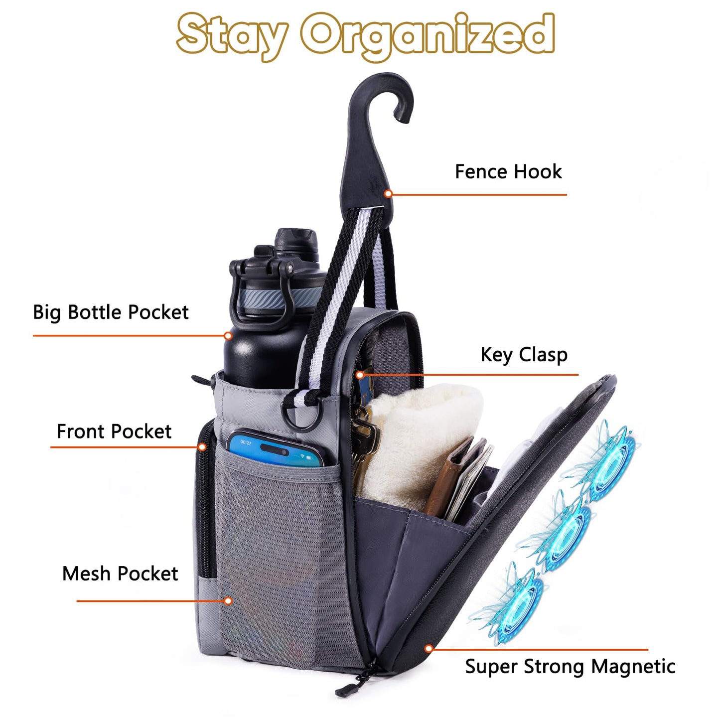 SPORJET Magnetic Gym Bag for Water Bottle – Fits Up to 46oz, Sling Water Bottle Holder with Strap & Phone Pocket, Magnetic Workout Bag for Gym, Fitness, Outdoor, Men & Women