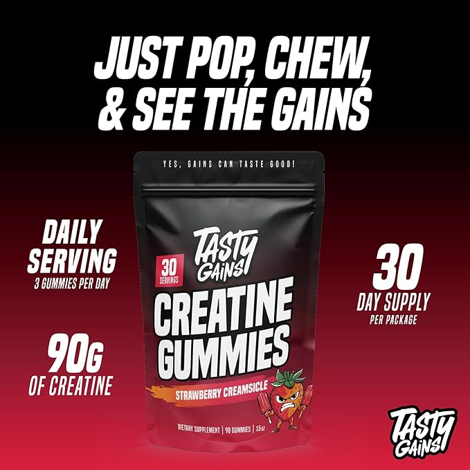 Creatine Gummies - 90g of Creatine Monohydrate - Workout Supplements - Build Muscle & Boost Strength for Men & Women - Made in USA - Non GMO - (Large, Strawberry Creamsicle Flavor)