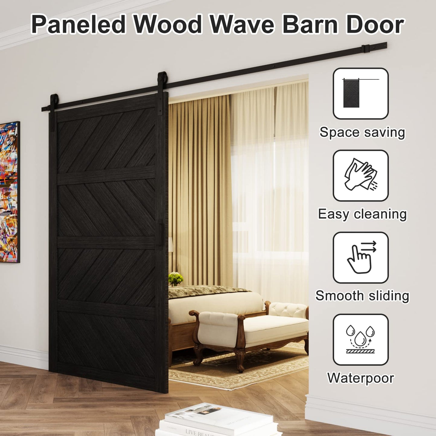 ARKHJEM Sliding Barn Door 30”x84”, Black Barn Doors with Modern Paneled Wave Design, Complete Barn Door Set, Waterproof PVC Surface, Assembly Required for Bedroom, Living Room, Closet, or Bathroom